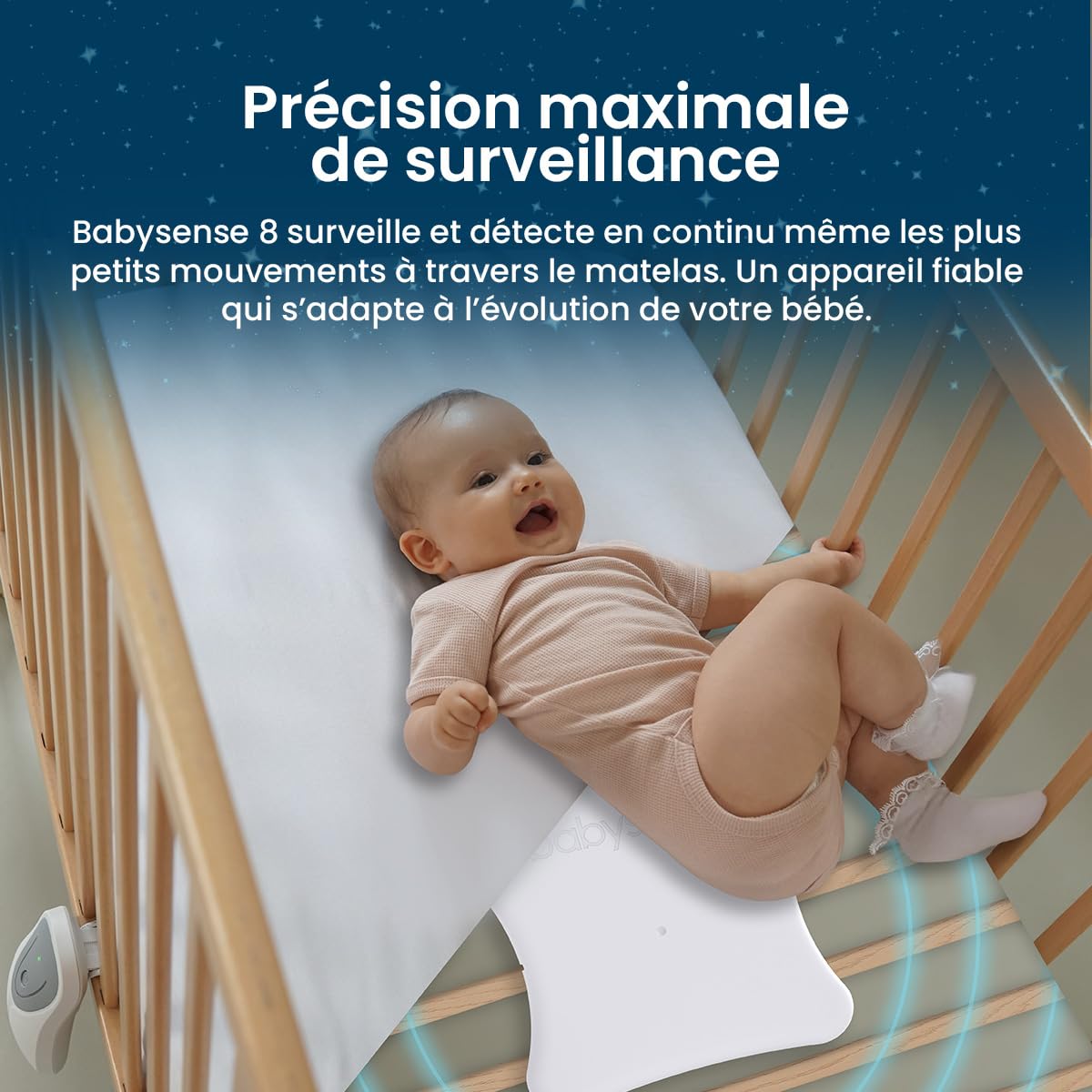 Moniteur de Mouvement pour Bébé - Babysense 8, pour Usage Domestique, Alerte en Temps Réel en Cas d'Absence de Mouvements, Détecte et Notifie Les Irrégularités, Couverture Complète avec 2 Capteurs