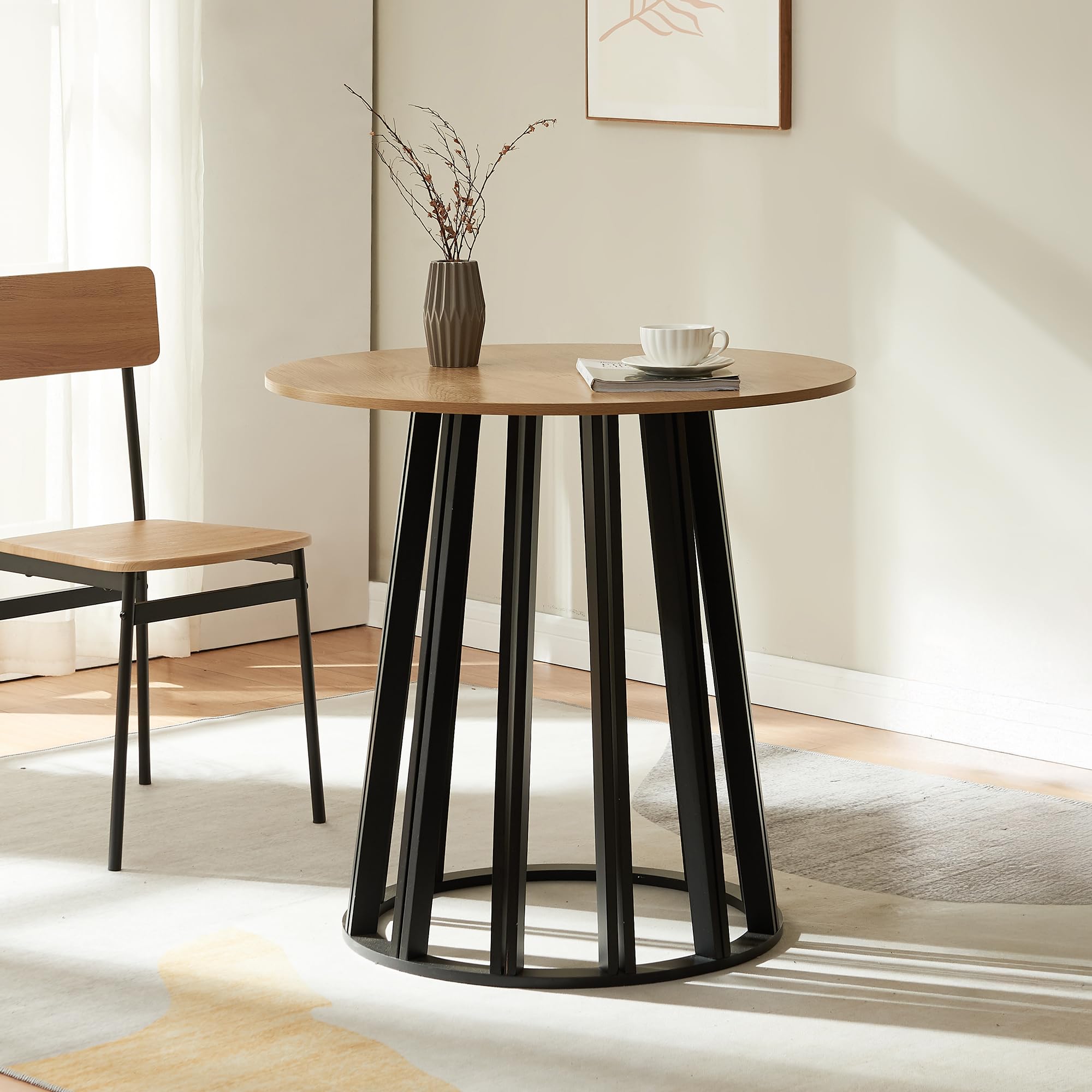 [en.casa] Tavolo Rotondo da Sala Pranzo Base Conica Tavolo Bistrot con Piano Rotondo (AxØ) 76x80 cm per Soggiorno Postazione di Lavoro Studio - Effetto Rovere/Nero