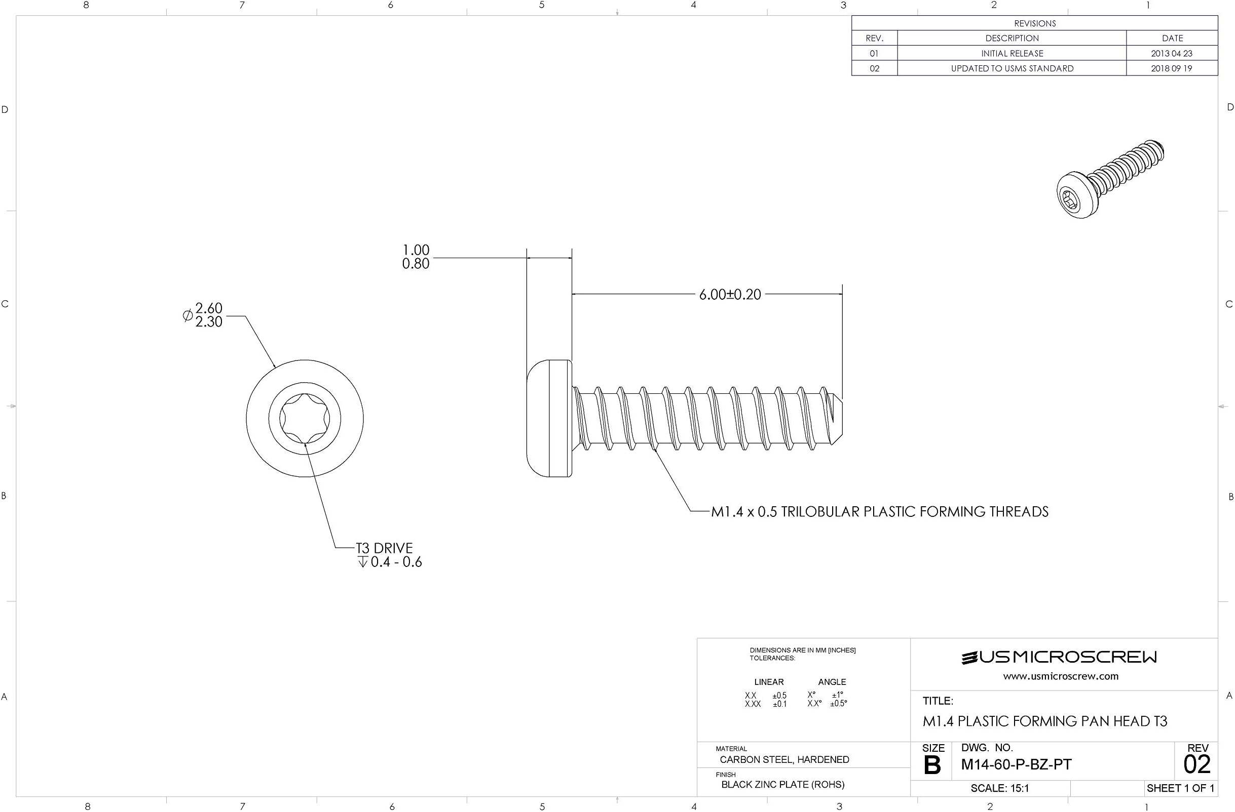 M1.4 X 6mm Plastic Thread Forming Screw Black Zinc Plated Steel Pan Head 6-Lobe Drive (100 Pcs) - M14-60-P-BZ-PT