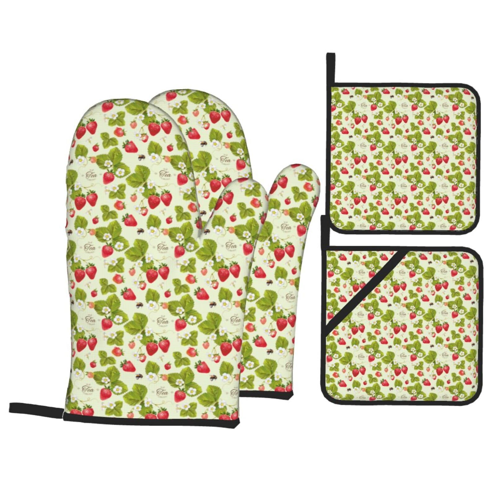 Lovely Strawberry Print 4-Piece Heat-Resistant Oven Waterproof Kitchen Gloves Cooking Roasting Essential