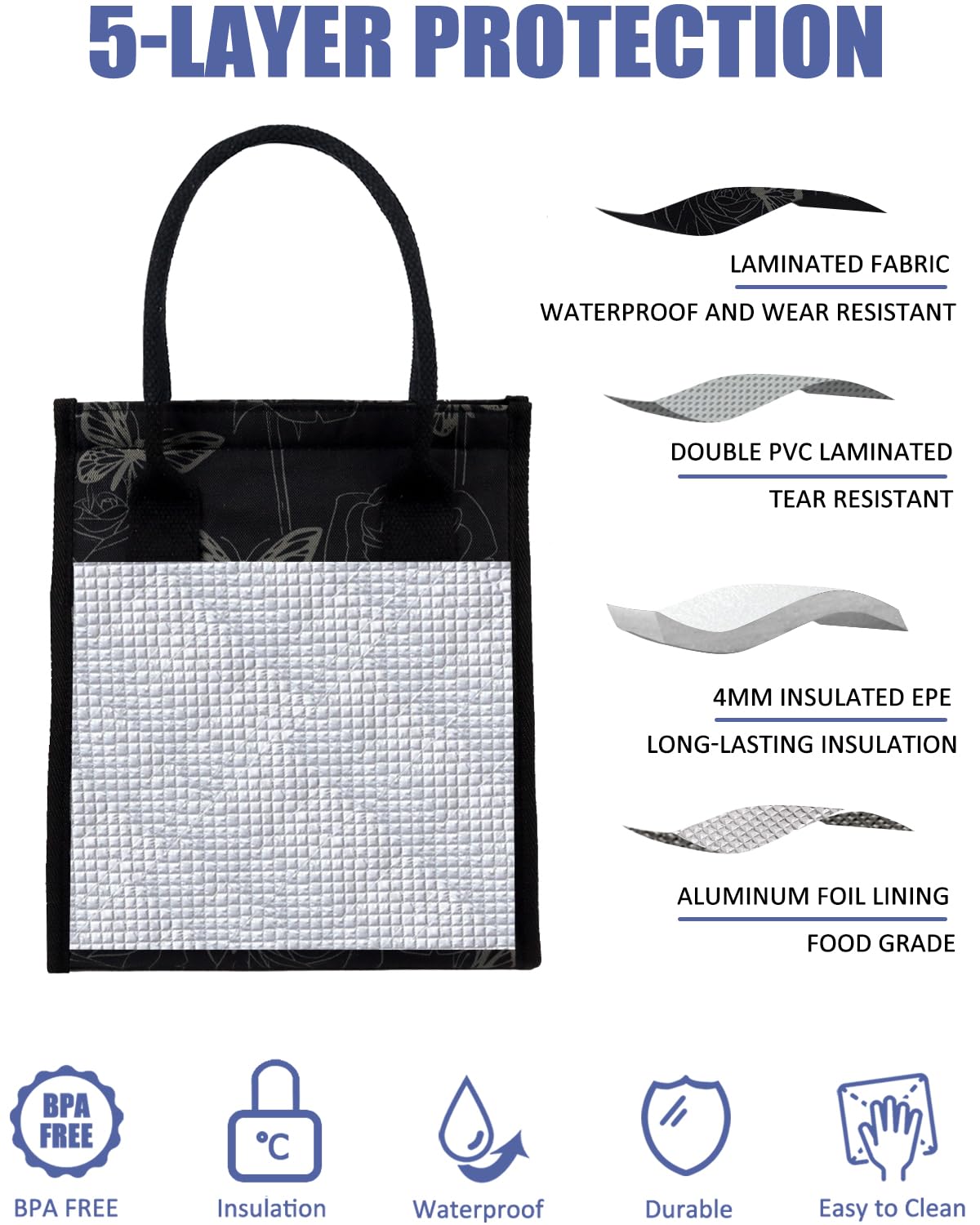 Lonchera aislada para mujer, bolsas de almuerzo grandes de 9 litros con múltiples bolsillos, bolsa térmica reutilizable para el trabajo, oficina, picnic, viajes, cierre de velcro, mariposa 5