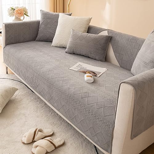 Miniatura 2 de vctops Funda de sofá de felpa geométrica bohemia con patrón de diamante, funda de sofá seccional peluda, funda antideslizante para sofá