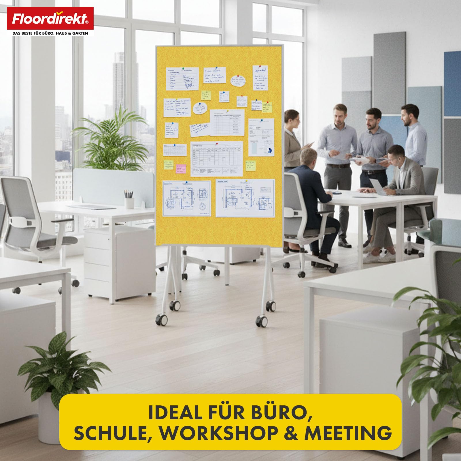 Floordirekt Moderationwand Doppelseitig 80 x 120 cm Präsentationstafel mit feststellbaren Rollen - Filztafel Pinnwand - Stabiler Metallrahmen - Giant (Gelb)