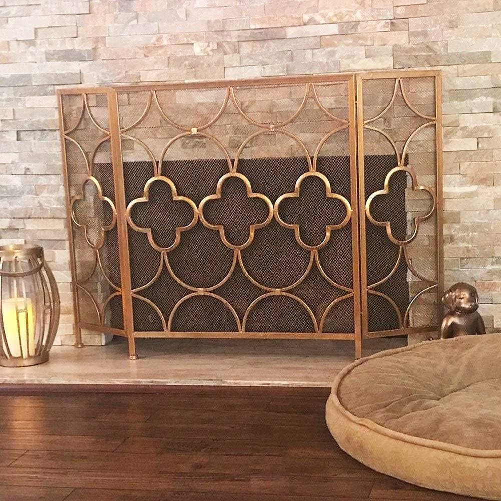 Fireplace Screen Guard, FireplaceProtection Brassy Gold Fireplace Screen， Heavy Duty Fire Screen Protector Mesh Screen Curtain with 4 Round Feet， Geometric Pattern Decor