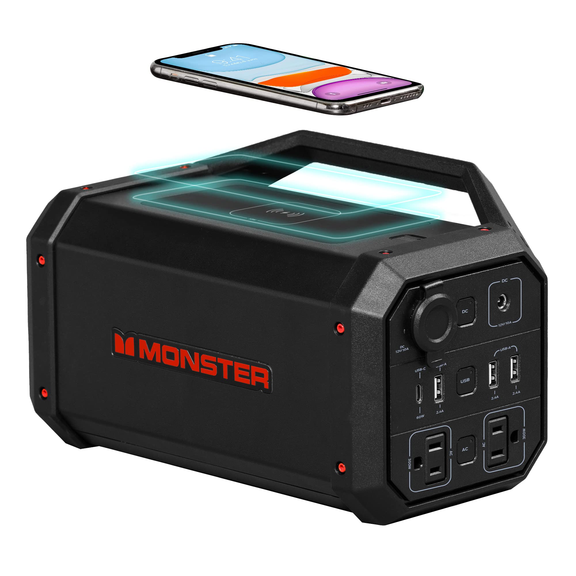 Monster Power Grid Portable Power Station 296Wh, 10W Wireless Charging Pad,Charge up to 9 Devices, Rechargeable Outdoor Generator for Outdoors Camping Travel Hunting Emergency, Black (2MNPP0209B0L2)