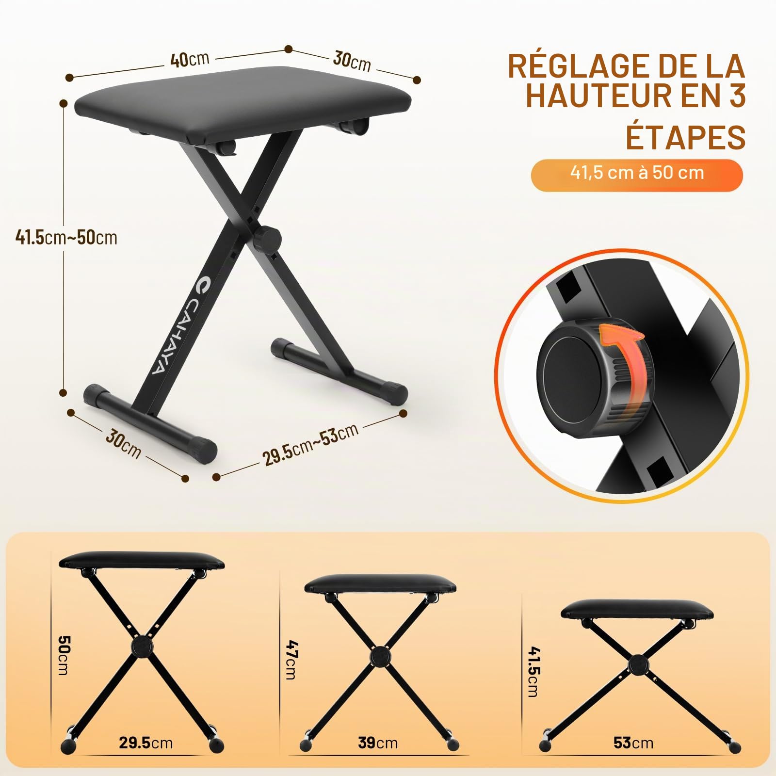 CAHAYA Support de clavier et banc de clavier - 6 niveaux réglables en hauteur - Double X-Frame - Pour clavier de 61, 76 et 88 touches - Charge maximale : 168 kg - Noir