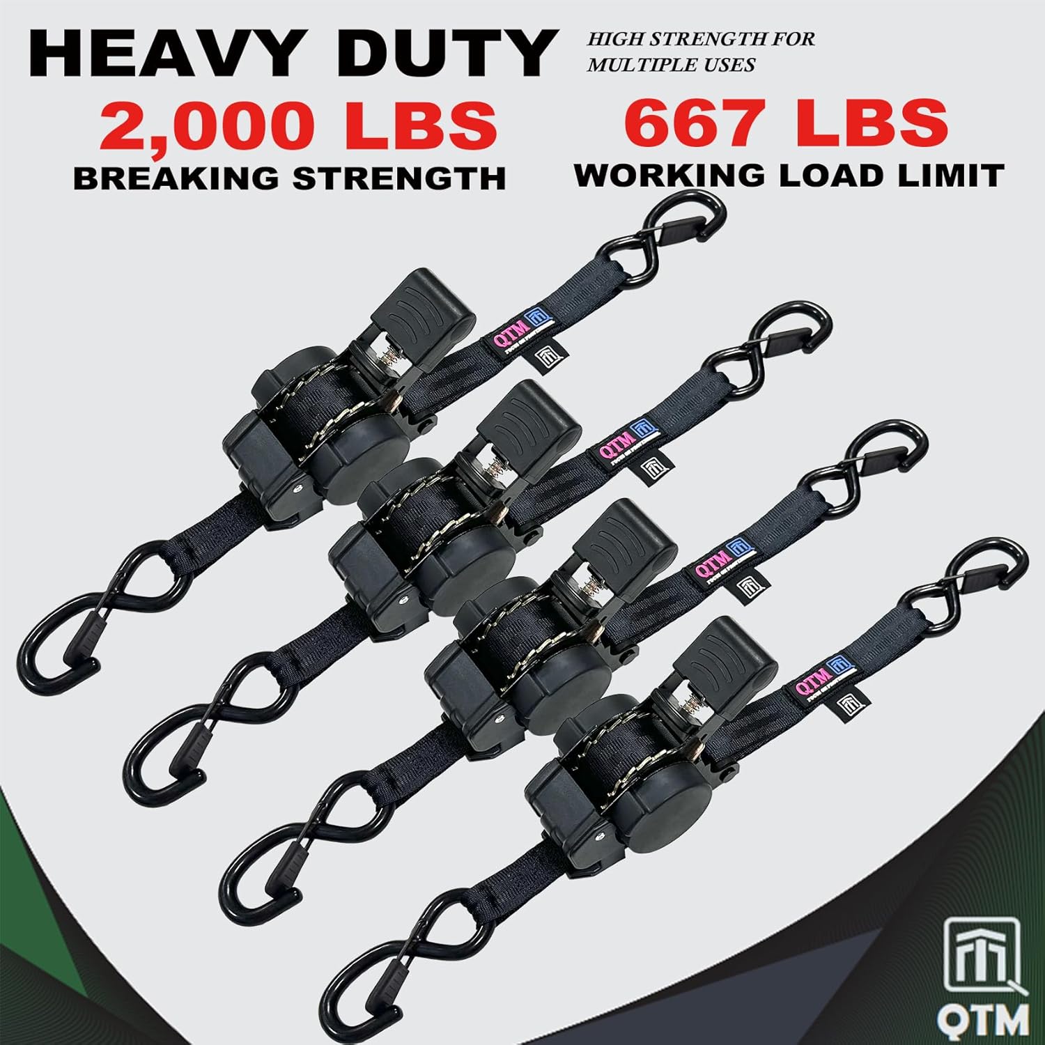 QTM Retractable Ratchet Straps Heavy Duty, Black, 1 Inch X 10 Feet, 2000lbs Breaking Strength, 4-Pack with Storage Bag, Ideal for UTV, ATV- Tie Down Straps, Self Retractable