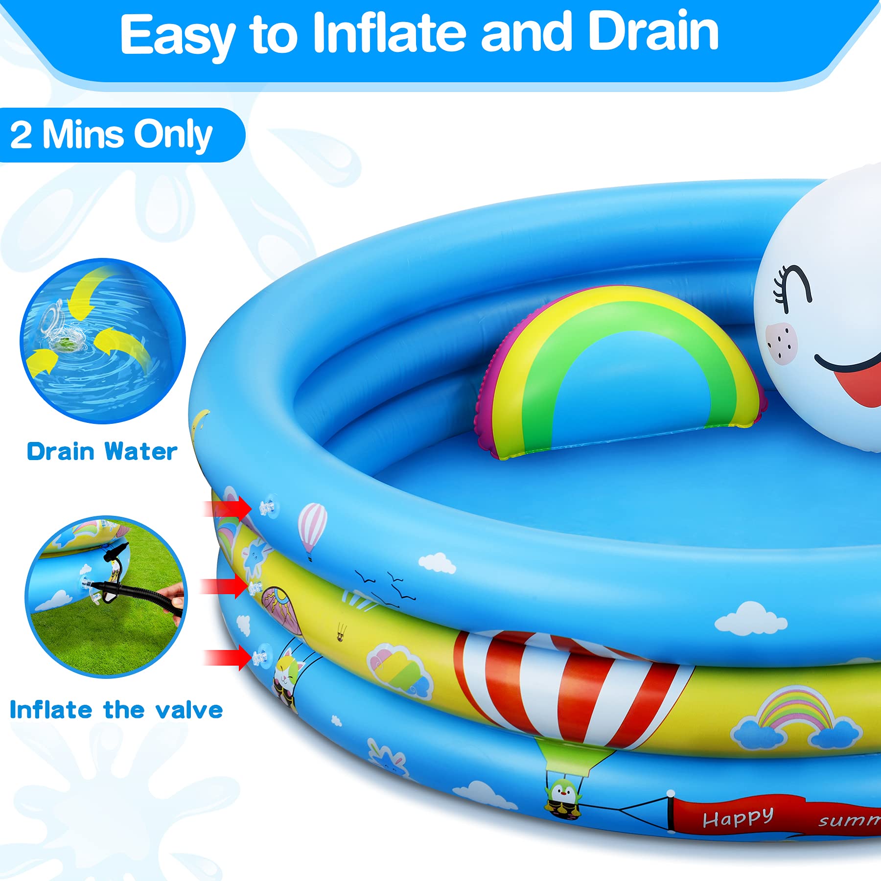 Piscina Bambini,120CM*30CM Piscina Gonfiabile Con Cuscini Arcobaleno e Smiley e Motivi Colorat Piscine Gonfiabili per Bambini Dentro fuori