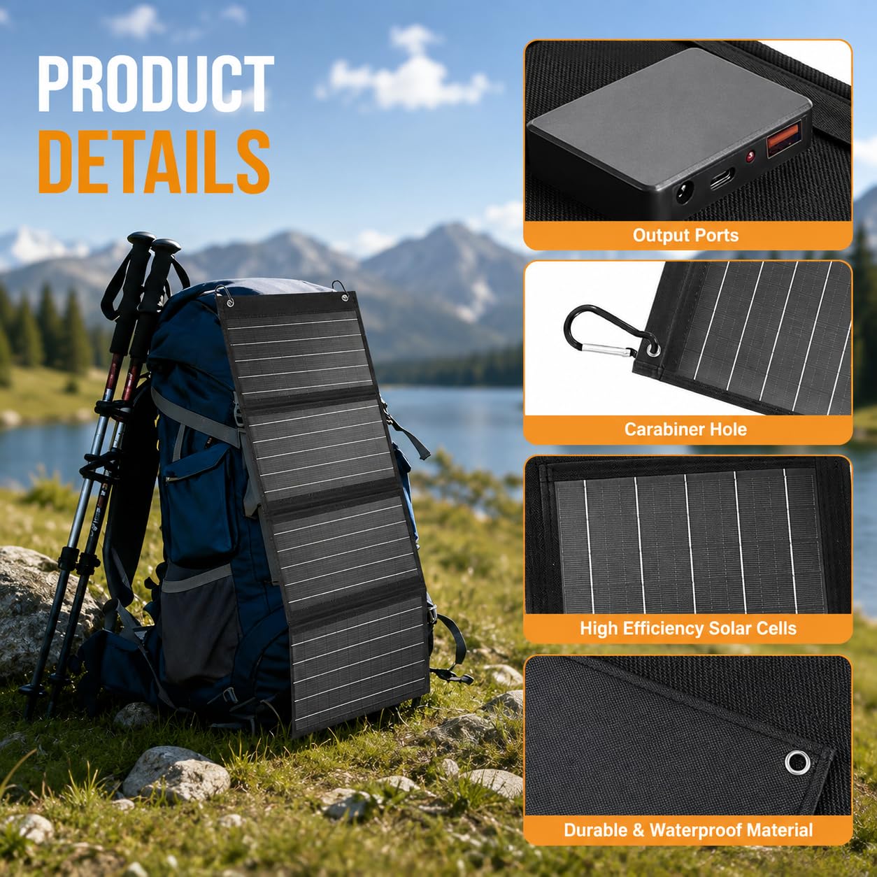 Elfcam - 40W Pannello Solare Pieghevole ETFE IP65 con Uscite DC USB-C USB-A, Caricatore Solare Portatile per Batteria Esterna, Campeggio, Van, Escursioni e Viaggi