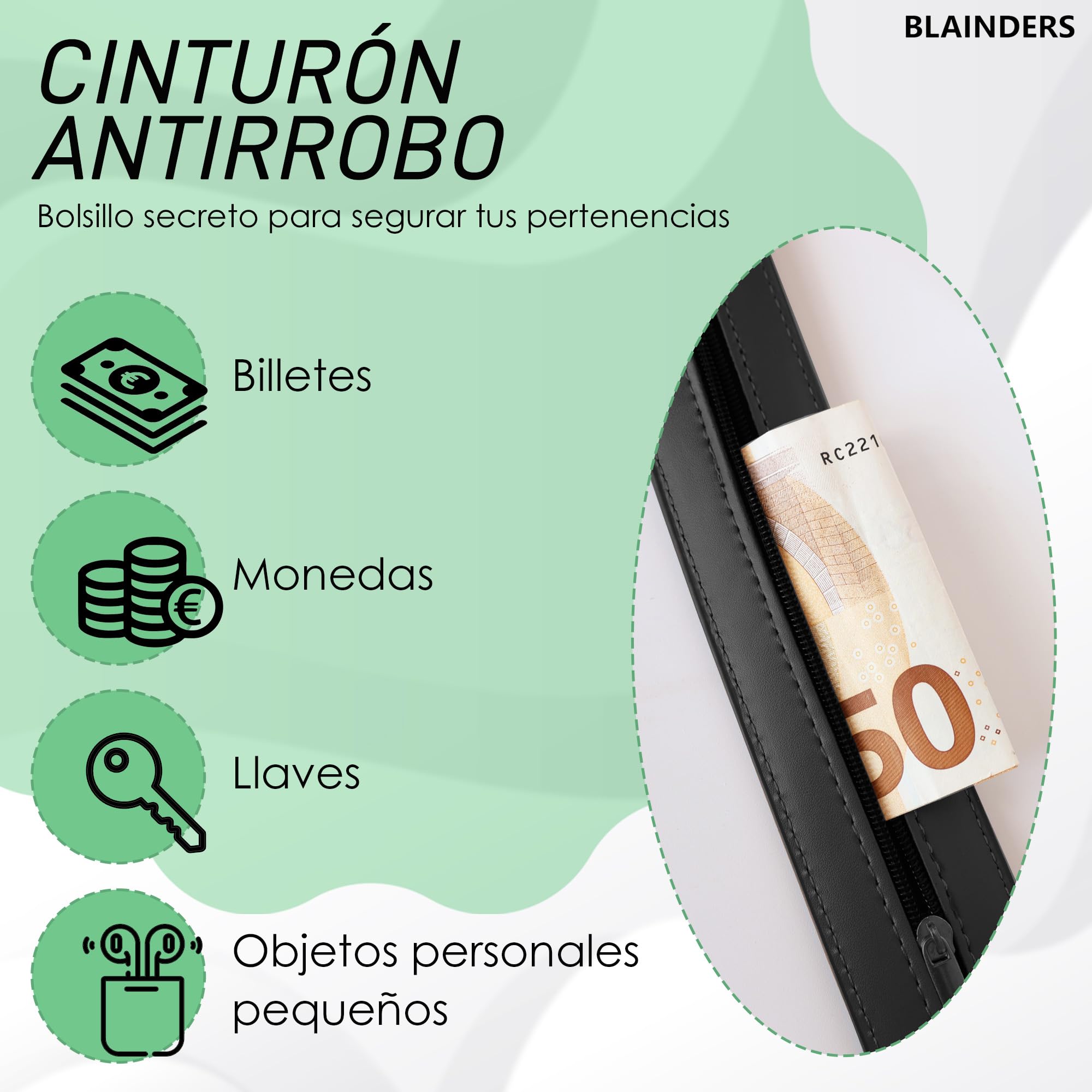 Cinturón Antirrobo de Viaje, Cinturón de Cuero con Billetera Interior para Hombre y Mujer, Apto para Todas Las Cinturas, Mosquetón de Cuero Gratis de Regalo. (Negro)