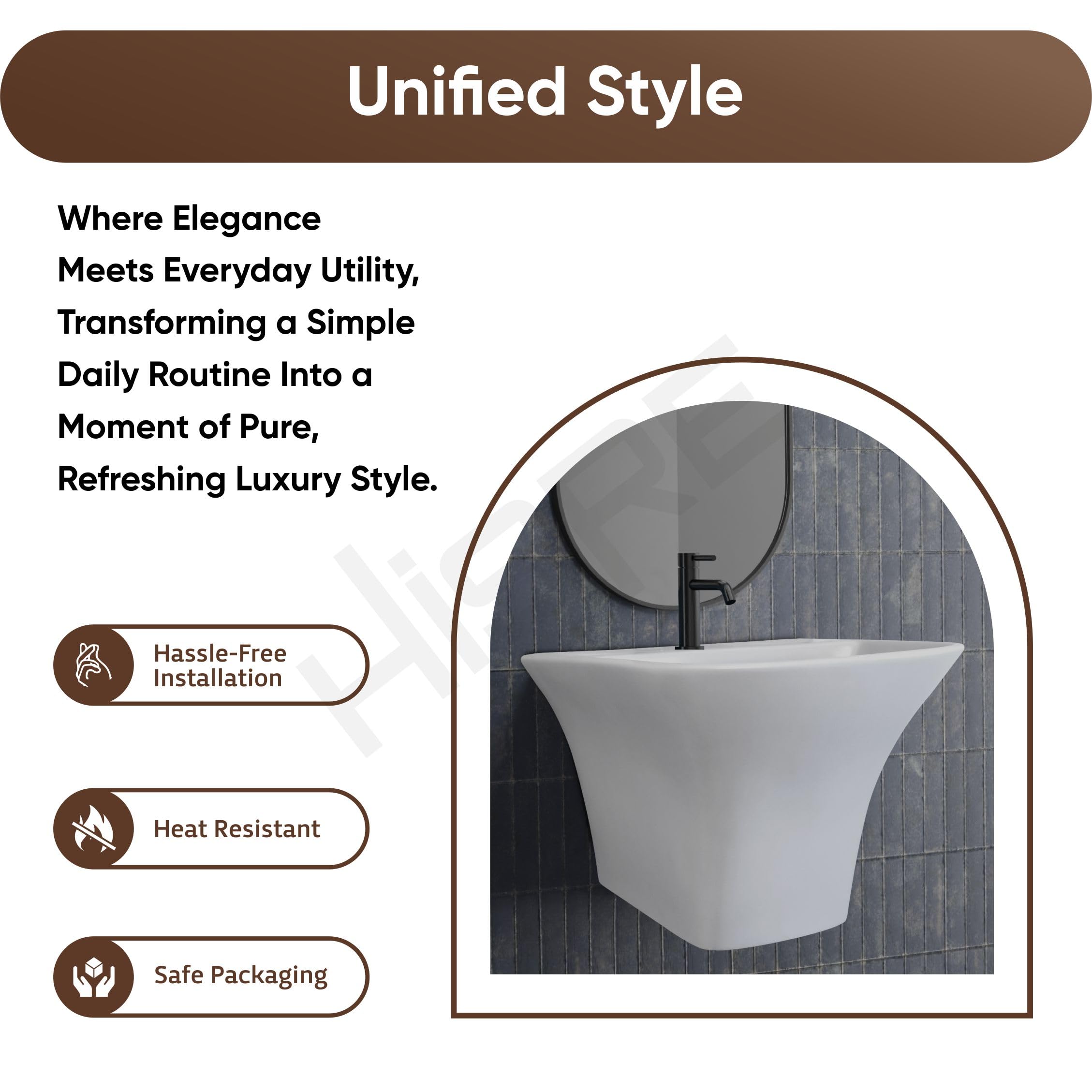 Hisre Modern Wall-Mounted Matte Ceramic Wash Basin with Curved Rectangular Design | Space-Saving Floating Bathroom Sink for Contemporary Interiors (White Matt), photo 5 of 5