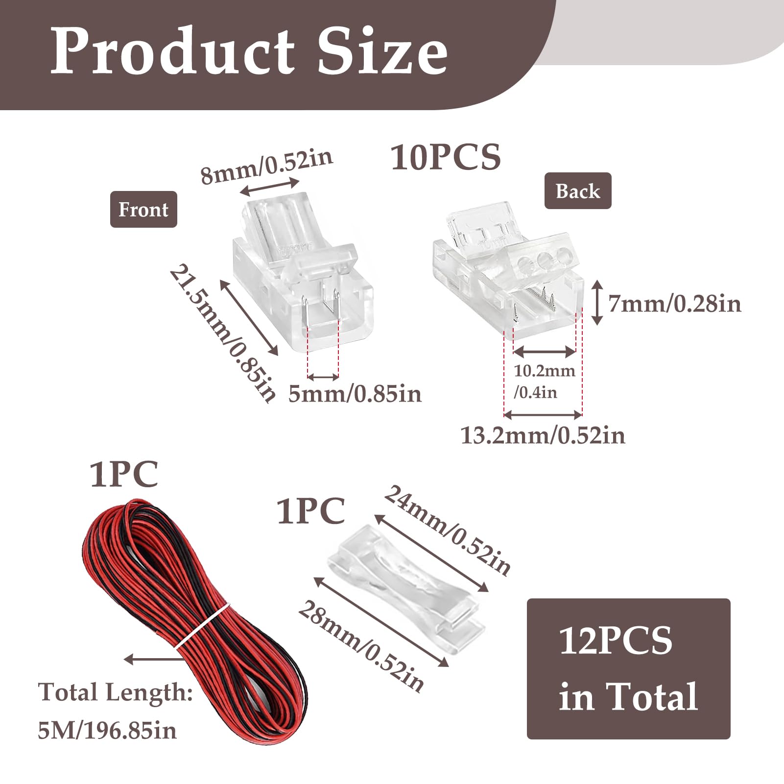 10 PCS 2 Pin 8mm COB LED Strip Connectors, LED Light Strip Connectors with 16.4ft Extension Cable 22 AWG - Image 2
