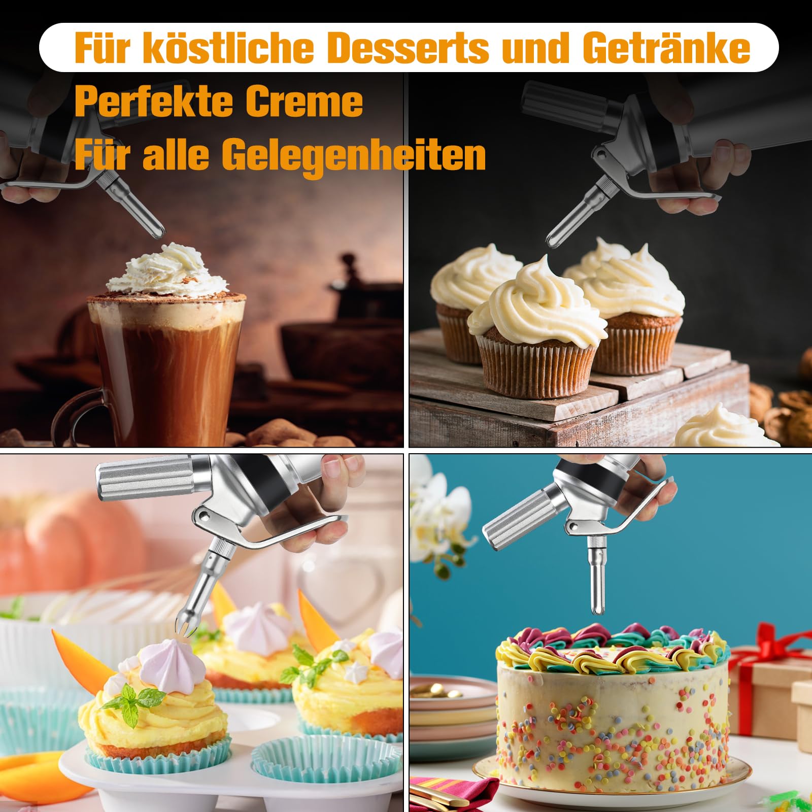 ERWEY Sifone Panna Montata 500ml, Sifone da Cucina Alluminio, Sifone Panna con 3 Ugelli e 1 Spazzola da Pulizza, Sifone per Panna Montata per Decorazione Torte e Dessert (Argento)