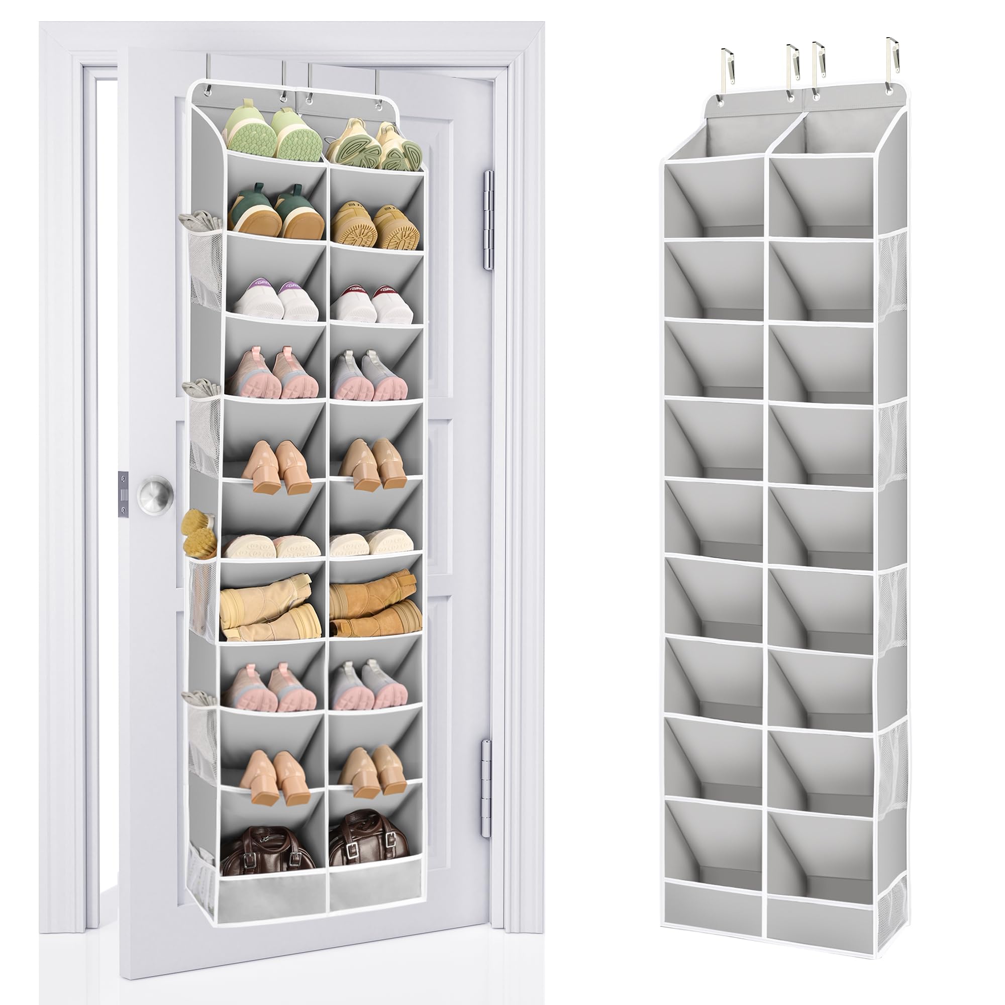 ULG Over The Door Shoe Organizer for Closet Fit 24-32 Pairs with Large Deep Pockets, Narrow Shoe Rack for Door Hanging Boots Storage, Grey