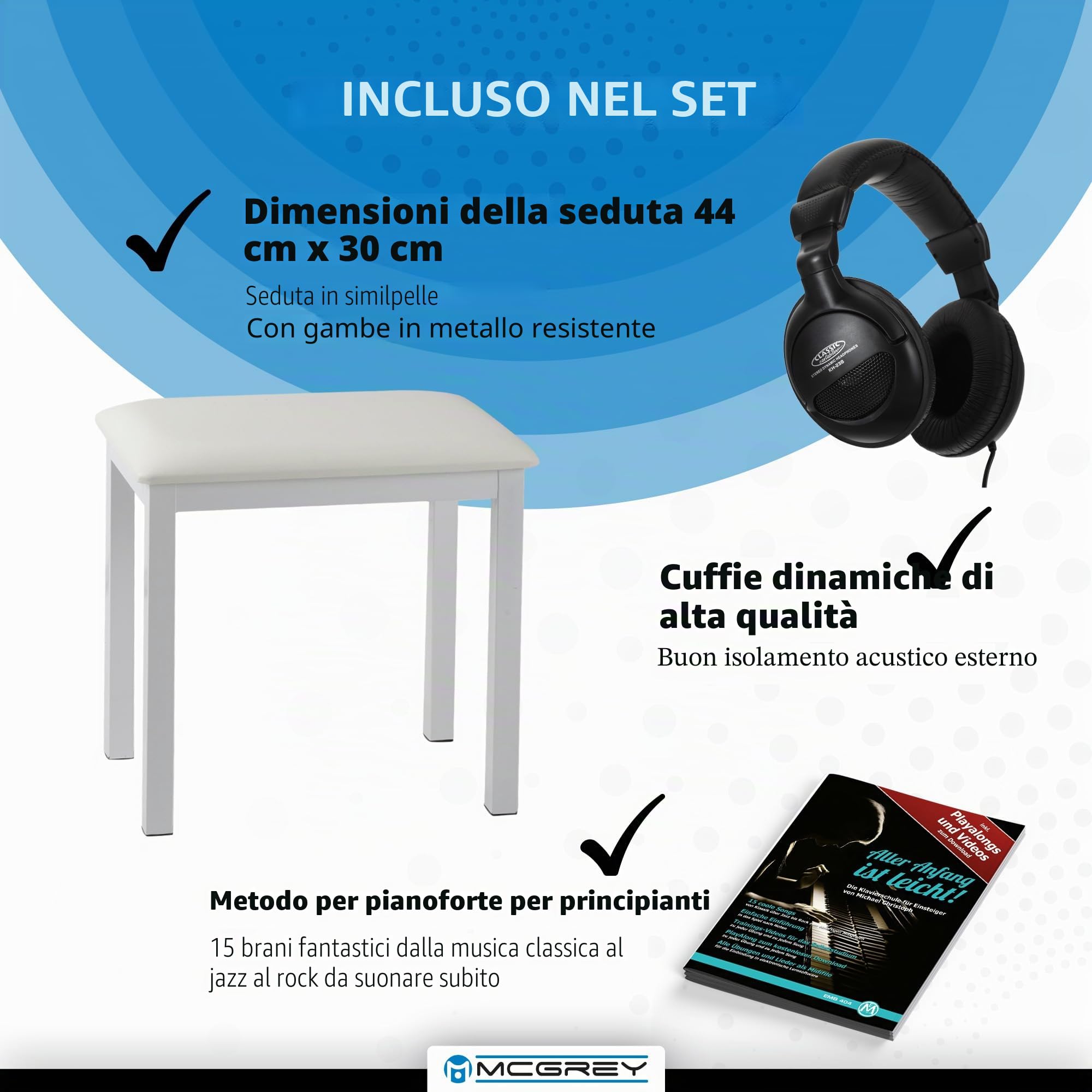 McGrey DP-19 WM Set E-Piano - 88 tasti pesati con meccanica a martello e dinamica di tocco - 8 suoni - copritastiera - incl. panca da pianoforte, cuffie e scuola di pianoforte - Bianco opaco