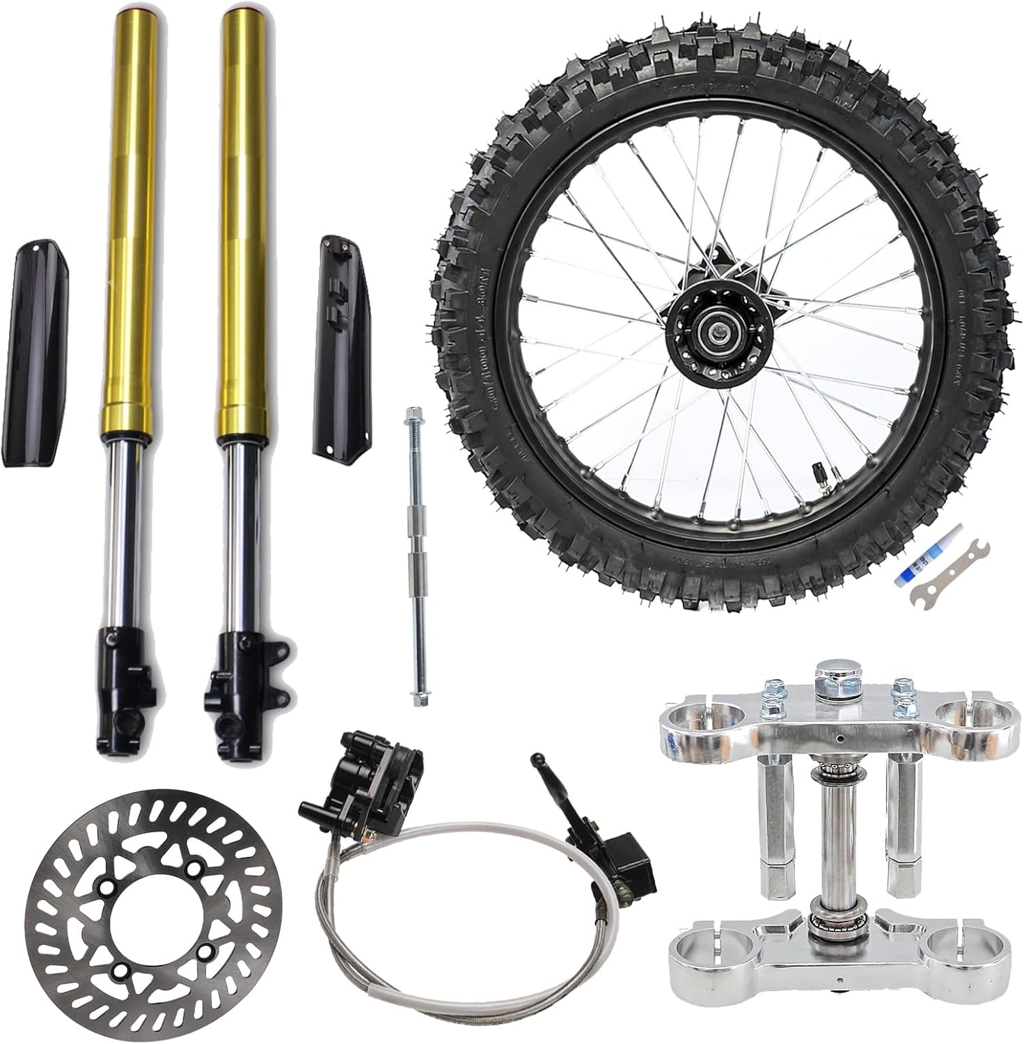 14" 60/100-14 Tire and Rim Dirt Bike Wheel Front 15mm Bearing, 735mm 29" Front Fork Suspension and Triple Tree Clamp Kit, for Dirt Pit Bike Trail CRF70 XR70 KX65 Razor Pitpro DHZ Scooter Off Road