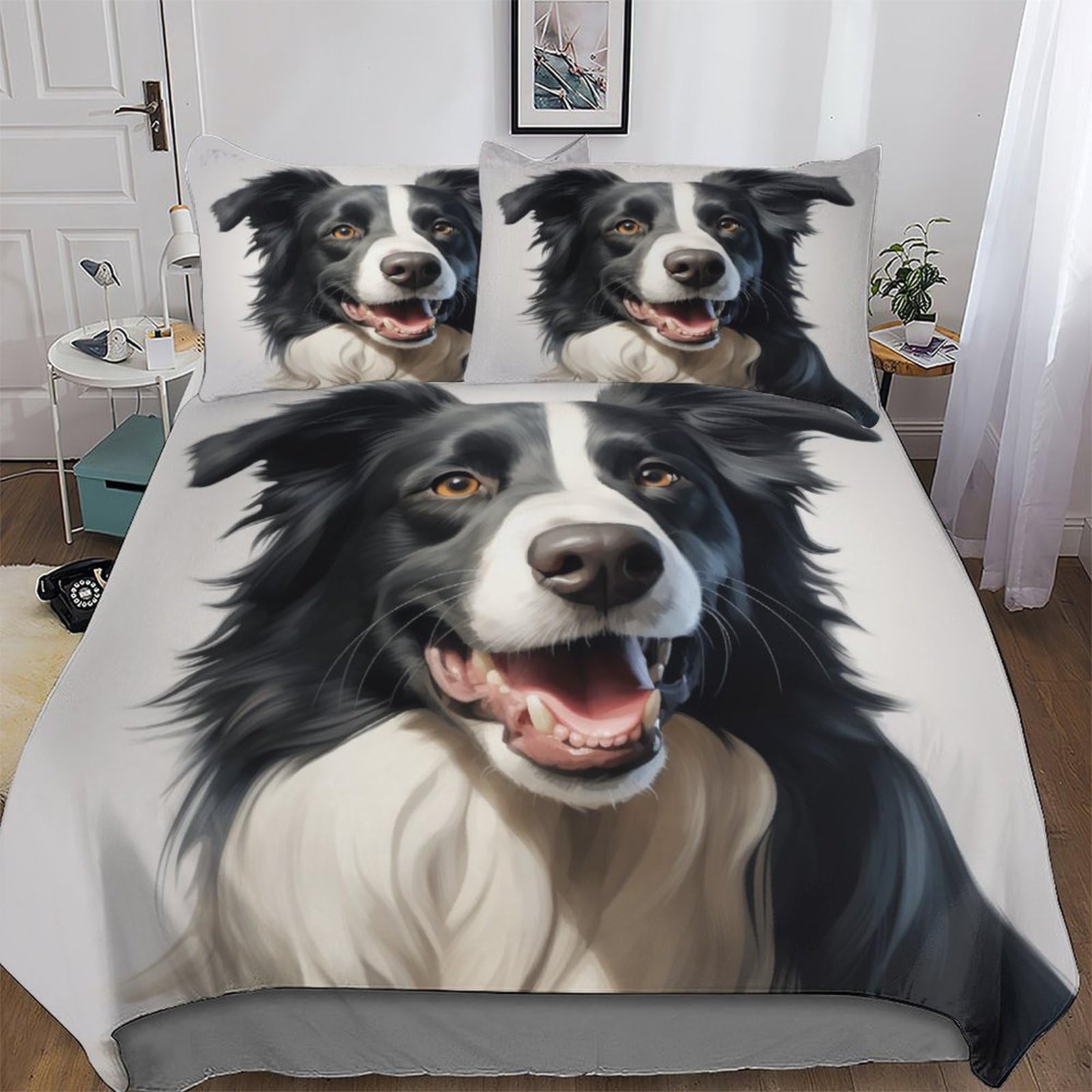 Pazzk Border Collie Duvet Cover Set With Pillowcases Printed Bedding Set With Zipper Closure Comforter Cover 3 Pieces Hypoallergenic Soft Microfiber Quilt Cover Double (200X200cm)