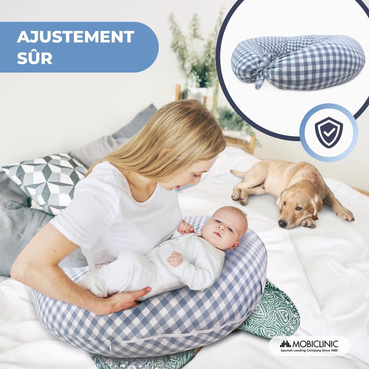 Mobiclinic®, Coussin Allaitement et Grossesse XXL, 3 en 1, Housse 100% Coton, 150 cm, Sangles Réglables, Multifonction, Aura, Amovible et Lavable, Multi-Position, Vichy Print