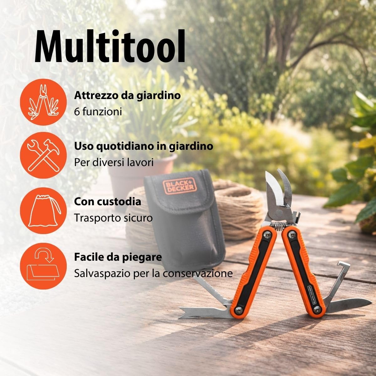 BLACK+DECKER Wielofunkcyjne narzędzie ogrodowe – narzędzie wielofunkcyjne z 6 funkcjami do prac ogrodowych – narzędzie wielofunkcyjne z piłą, nożem i narzędziem do chwastów, w zestawie torba