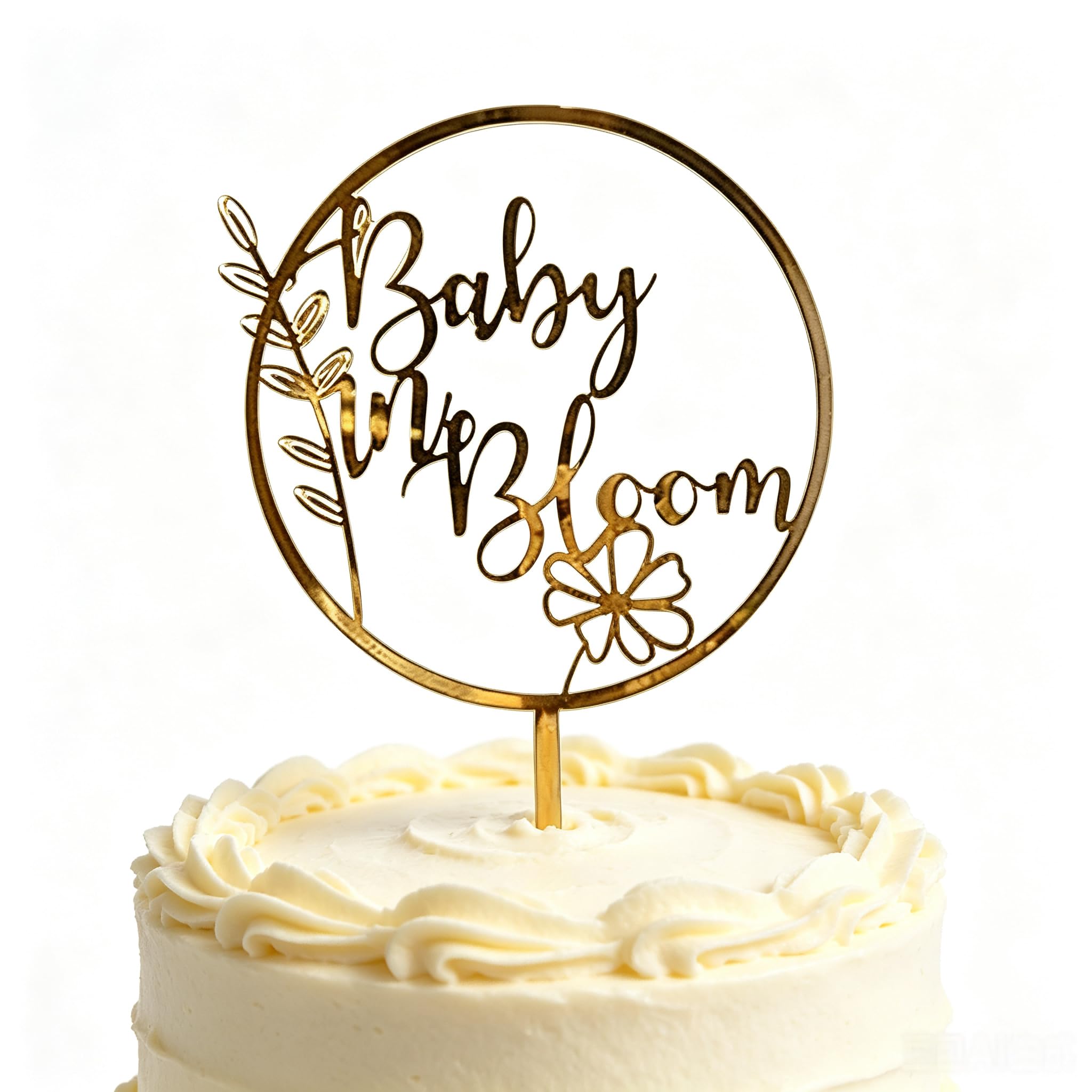 Muiltvoe Baby Shower Cake Topper, Baby in Bloom Acrylic Cake Topper with Grass & Flower Design, Golden Cake Decorations for Gender Reveal Party, Baby Shower, Boy or Girl Celebration
