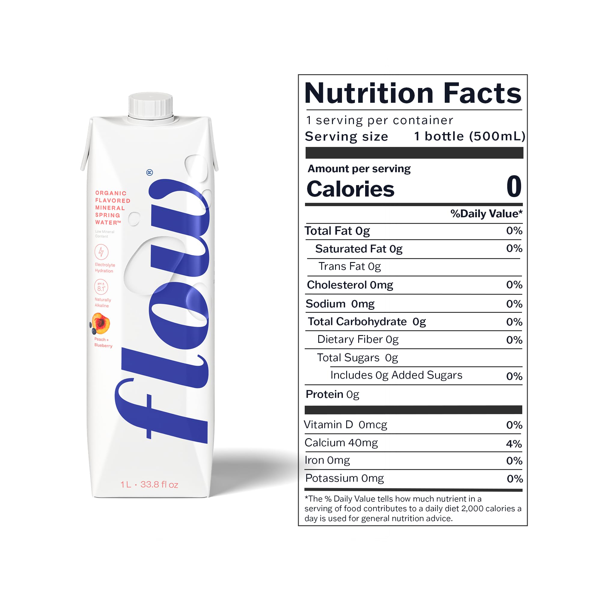 Flow Mineral Spring Water, Organic Peach + Blueberry, 12 Pack (33.8 Fl Oz) - Naturally Alkaline with Electrolytes and Zero Sugar