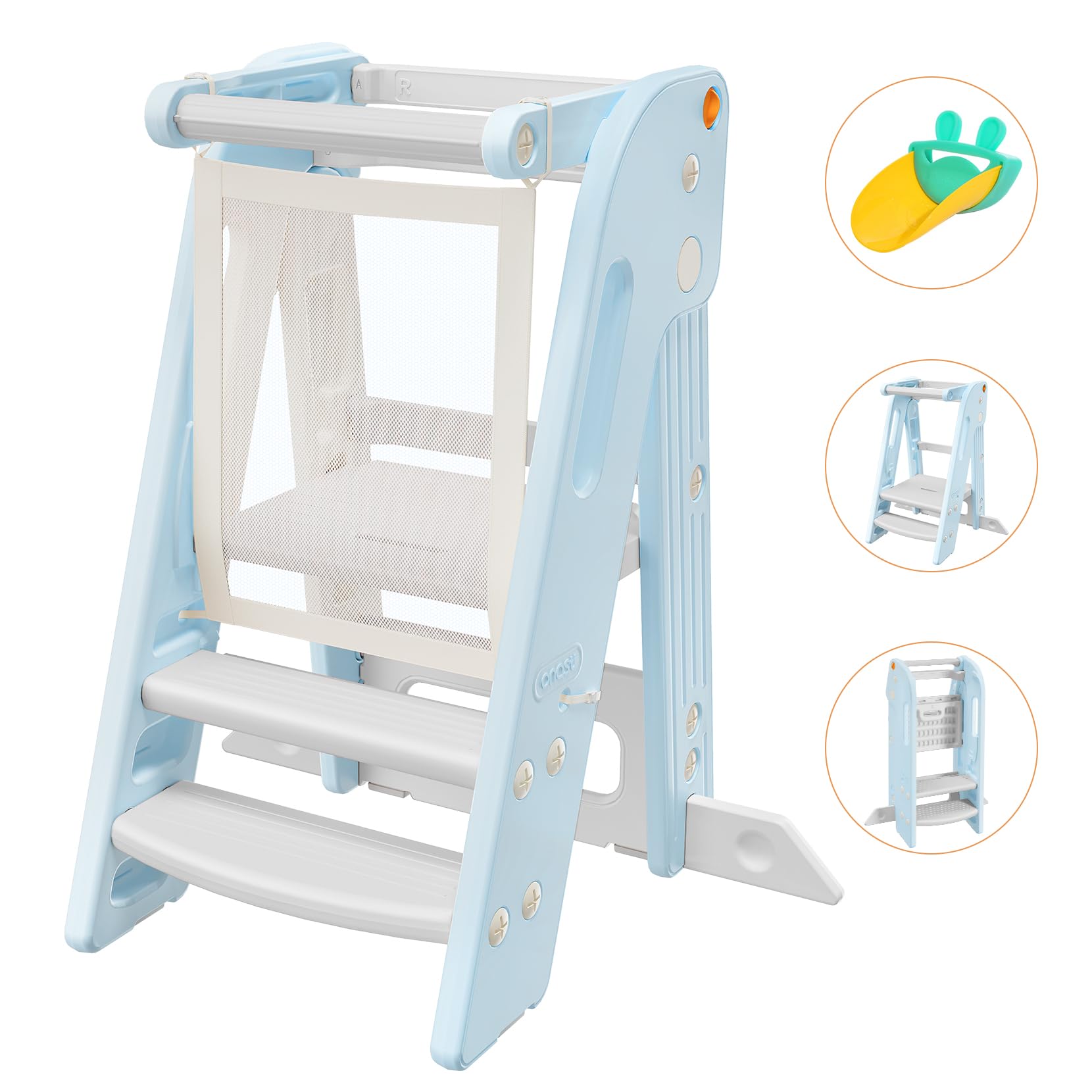 Onasti Torre de Aprendizaje Niños, Plegable, Torre de Aprendizaje Montessori, Escalón para niños Ajustable en Altura de 2 a 3 escalones, Torre Aprendizaje para Cocina, baño y lavabos (Azul)