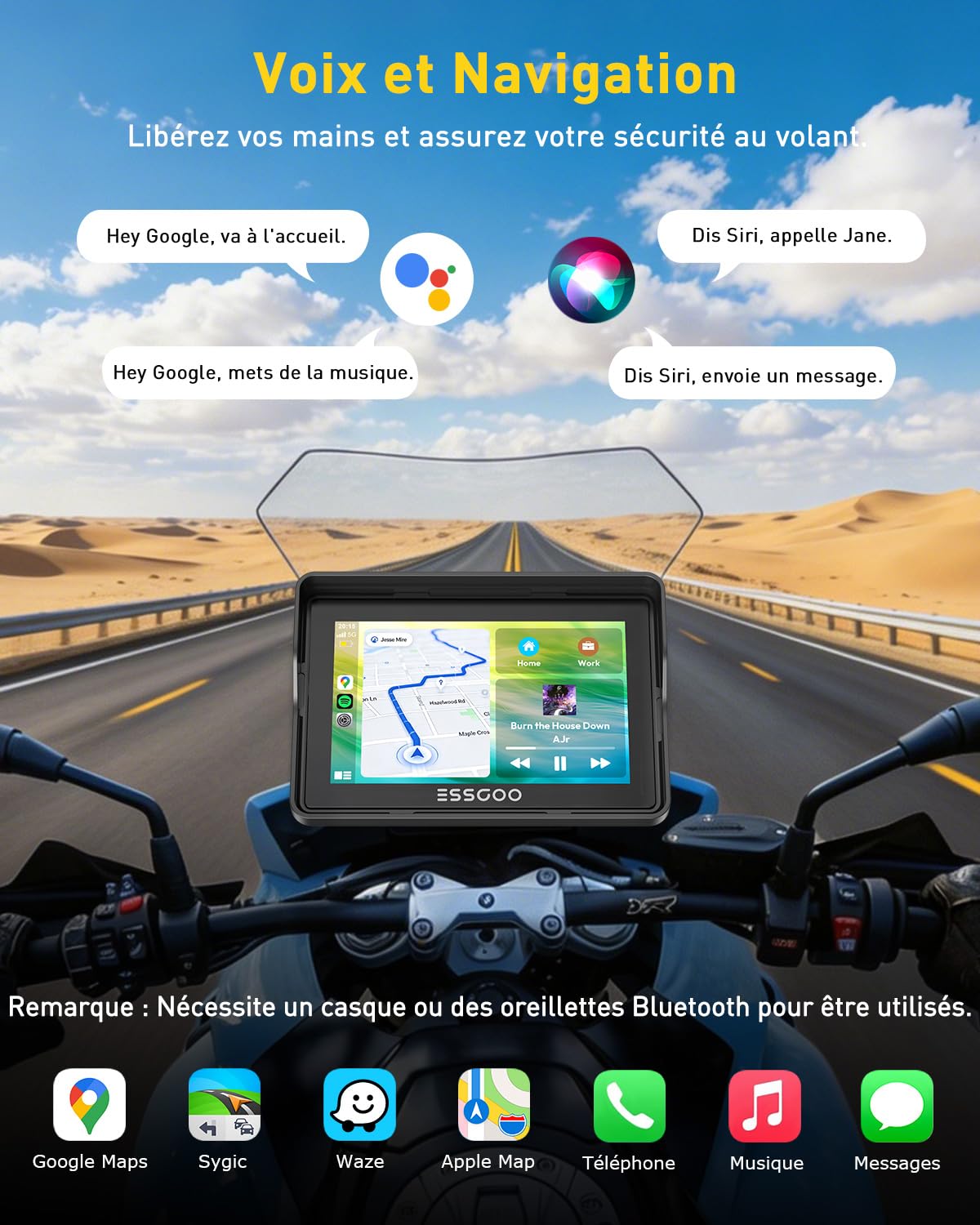 ESSGOO 5 Pouces CarPlay Moto Écran Android Auto sans Fil Tactile IPS | IP67 Étanche, Musique Bluetooth 5.3,Navigation GPS,Commande Vocale, Installation Démontage Faciles