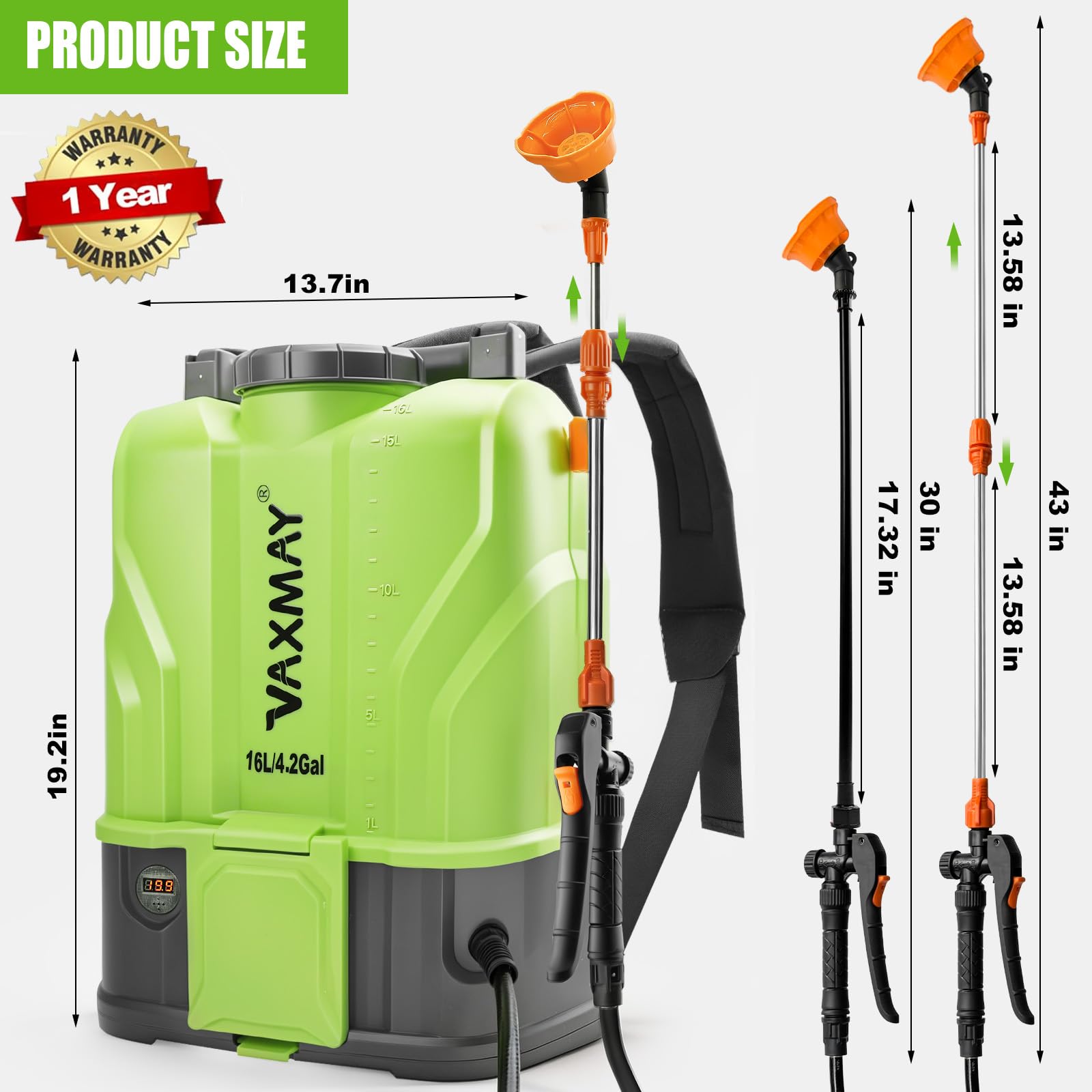 VAXMAY - Rociador eléctrico de jardín con batería de 4.2 galones, 120 PSI compatible con batería DeWalt de 20 V, rociador de zacate con 2 varitas, 5 boquillas, batería de 2.6 Ah y cargador incluido
