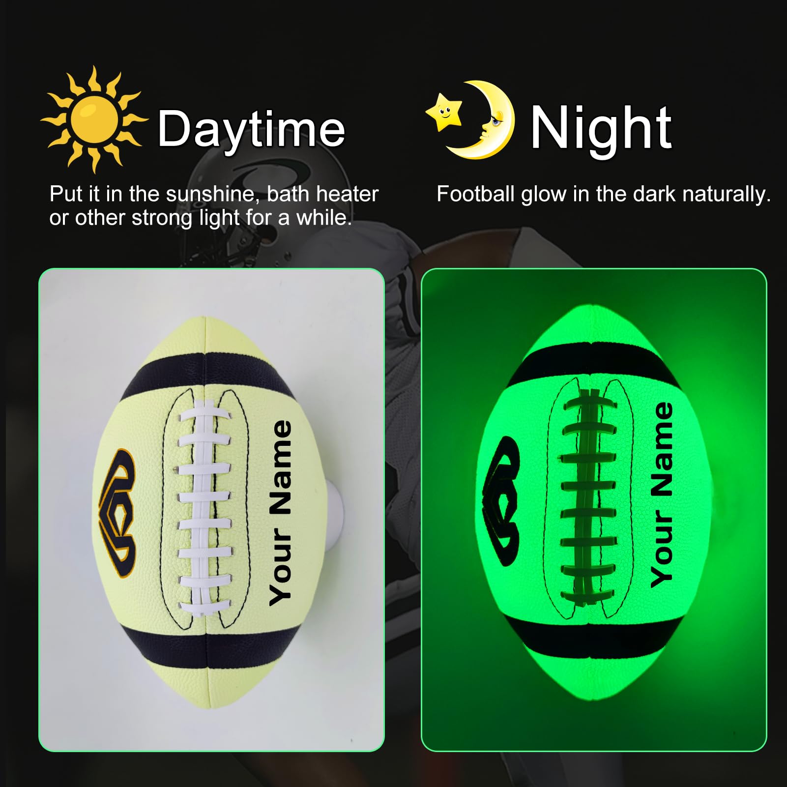 Balón de Rugby Personalizable Luminiscente, Cuero Sintético, con Inflador y Bolsa de Transporte, Brilla en la Oscuridad
