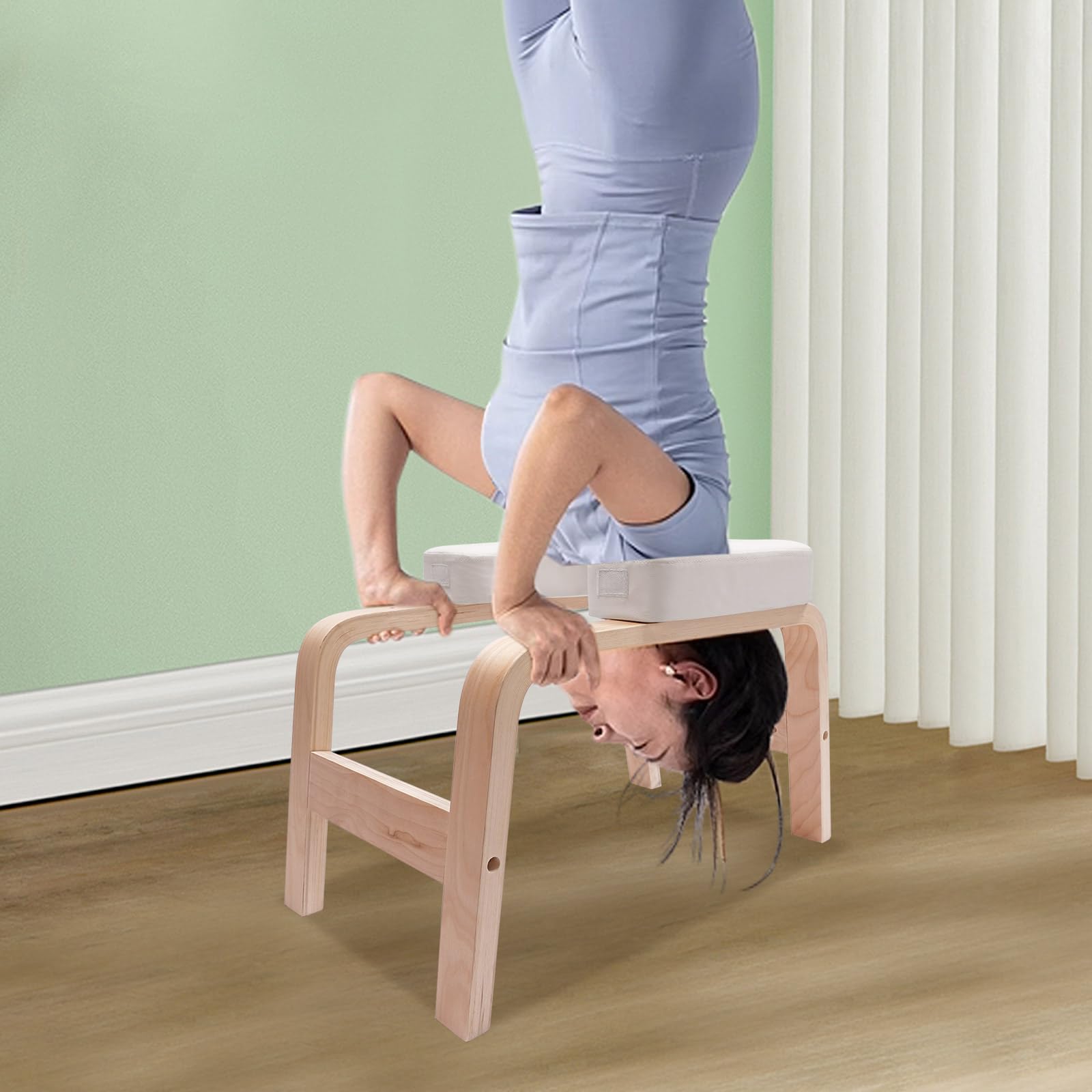 Panca da yoga in legno massello e poliuretano, portata 200 kg, multifunzione con blocco a T per posizione di mano e inversa, facile da montare (bianco)