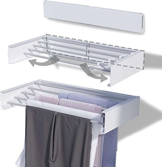 TCO ADVENTURES Wall Mounted Foldable Drying Rack 27.5" Elegant Matte Invisible Hanger | Folding Stainless Steel Collapsible Space Saver with 11.5 Feet Drying Capacity (Medium, Signal White)