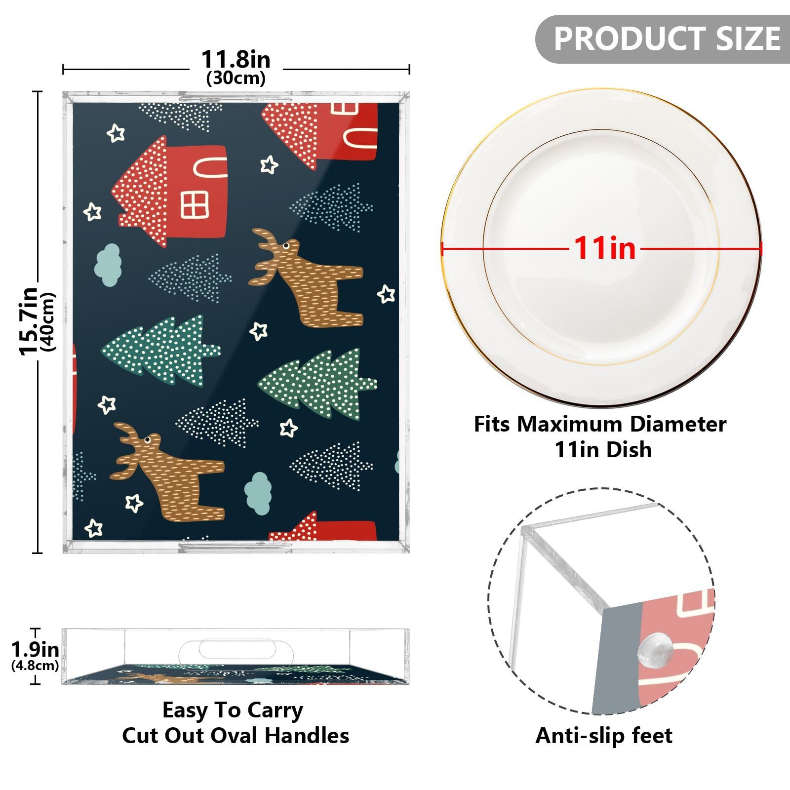 Bandejas acrílicas transparentes para servir con asas, bandeja de desayuno de 12 x 16 pulgadas, diseño personalizado transparente para vacaciones de invierno, bandeja de servir impermeable azul