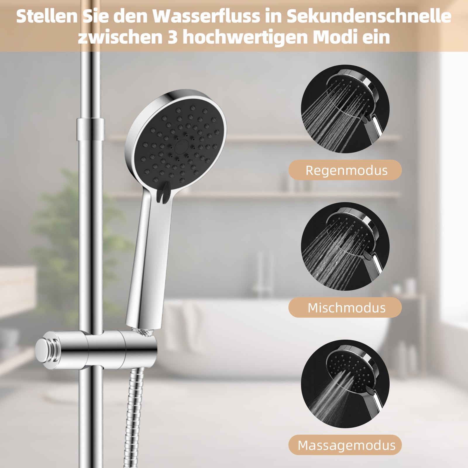 Hibbent Duschset ohne Armatur, 3-Modus-Handbrause | Höhenverstellbar, Regendusche Duschsystem mit Duschkopf aus rostfreiem Edelstahl, Messing-Umschalter, Chrom
