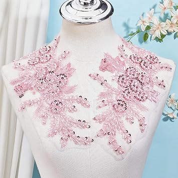 2Pcs 3D Floral Embroidery Applique Polyester Sequin Flower Appliques Pink Beaded Lace Embroidered Sew on Tulle Patches for Sewing Making Crafts Clothes Wedding Bridal Gown Supplies