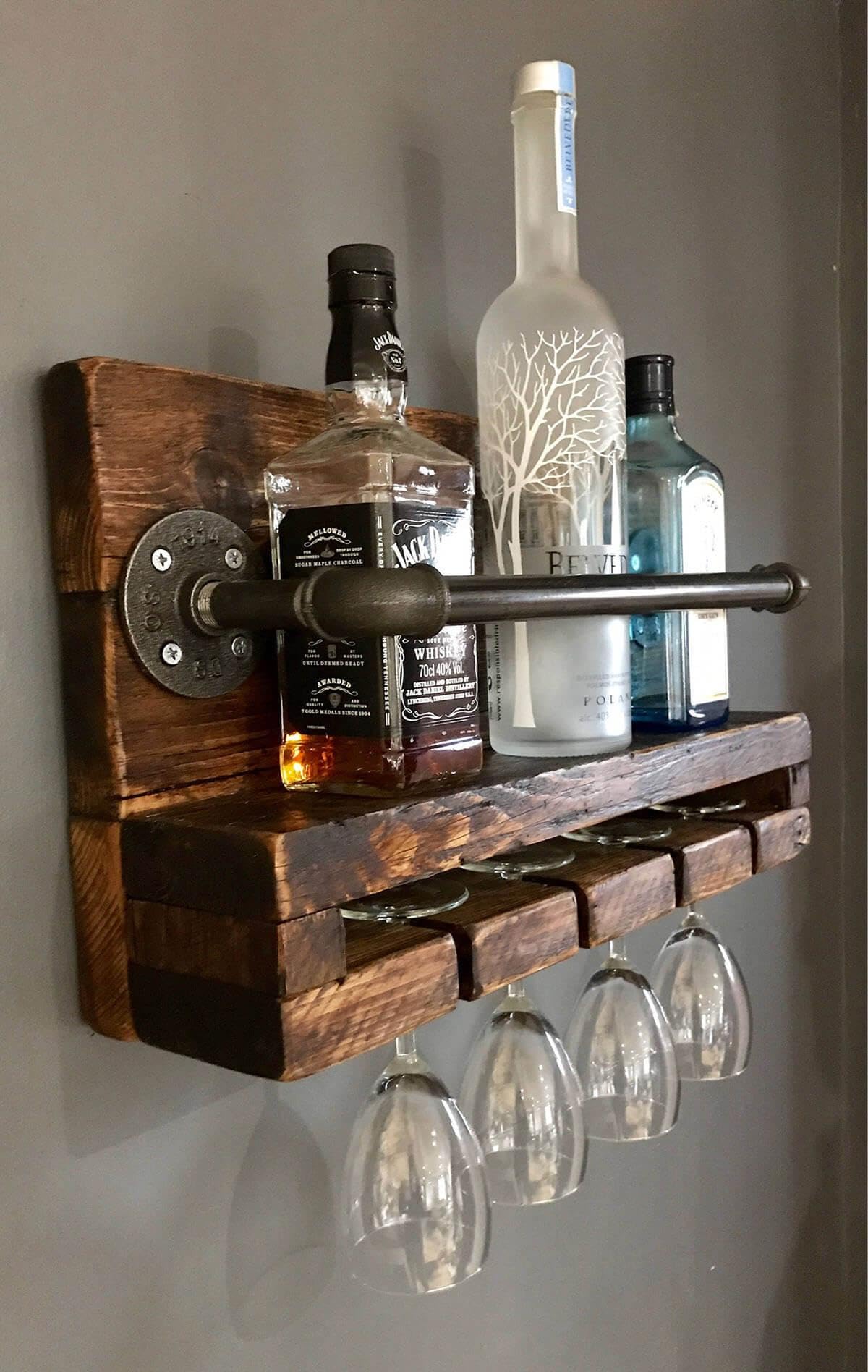 Weekend Hunters Rustic Wine Rack, Wall Mounted Wooden Shelf with Glass Holder, Industrial Pipe Design-image-34
