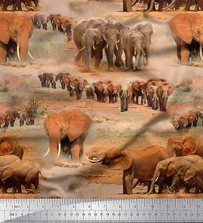 Soimoi Cotton Cambric Fabric Tree & Elephant Animal Print Fabric by Yard 42 Inch Wide