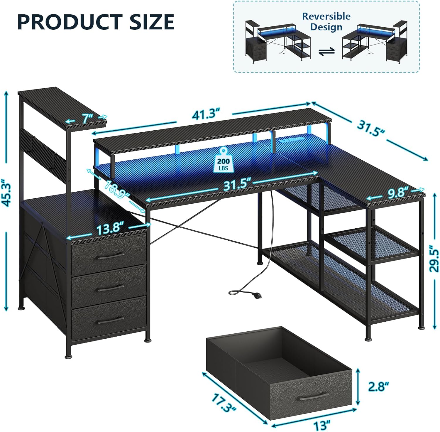 Product dimensions diagram for the L-shaped gaming desk