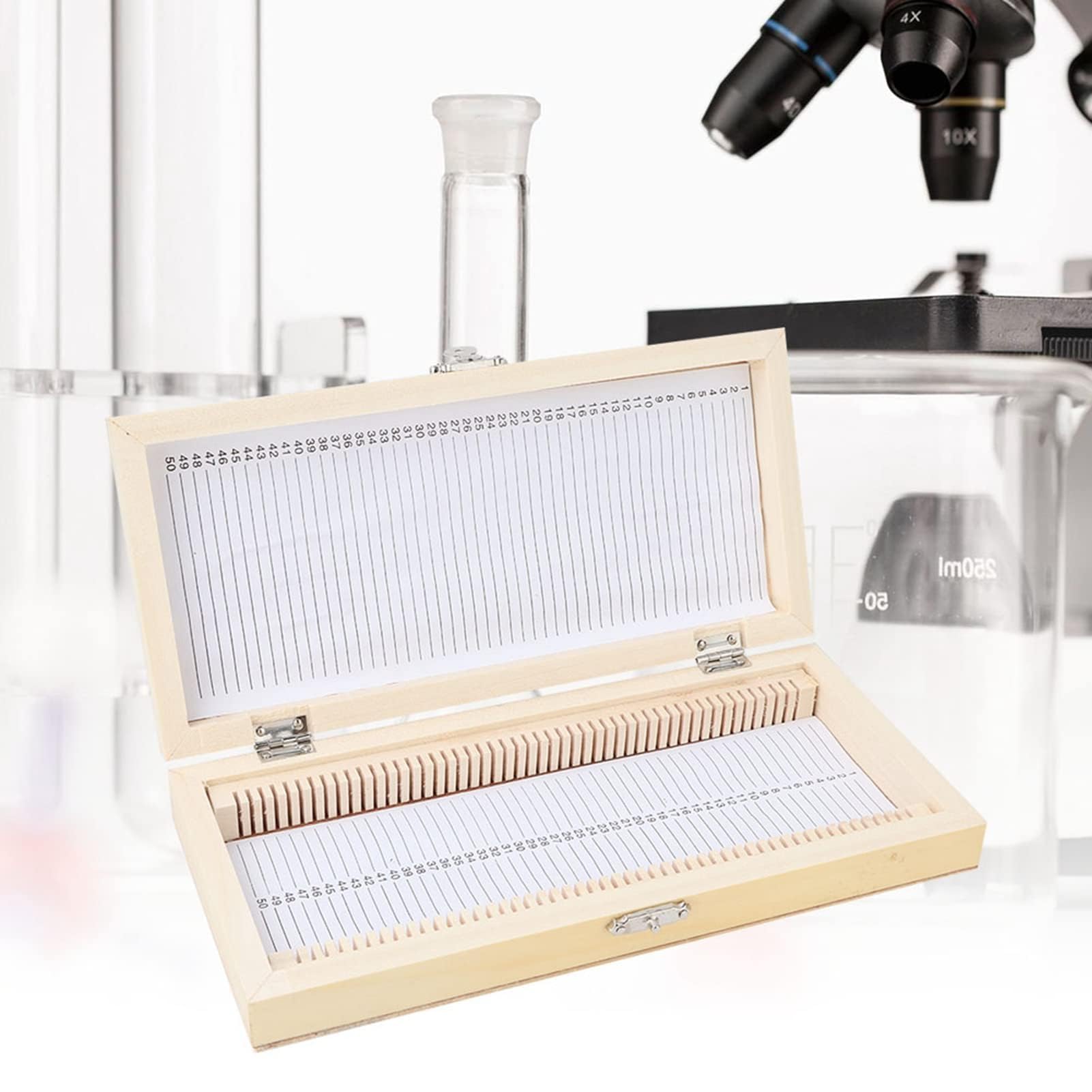 Coffret en Bois pour Lames de Microscope 50 Diapositives Boîte de Rangement 23x10,6x3,5cm