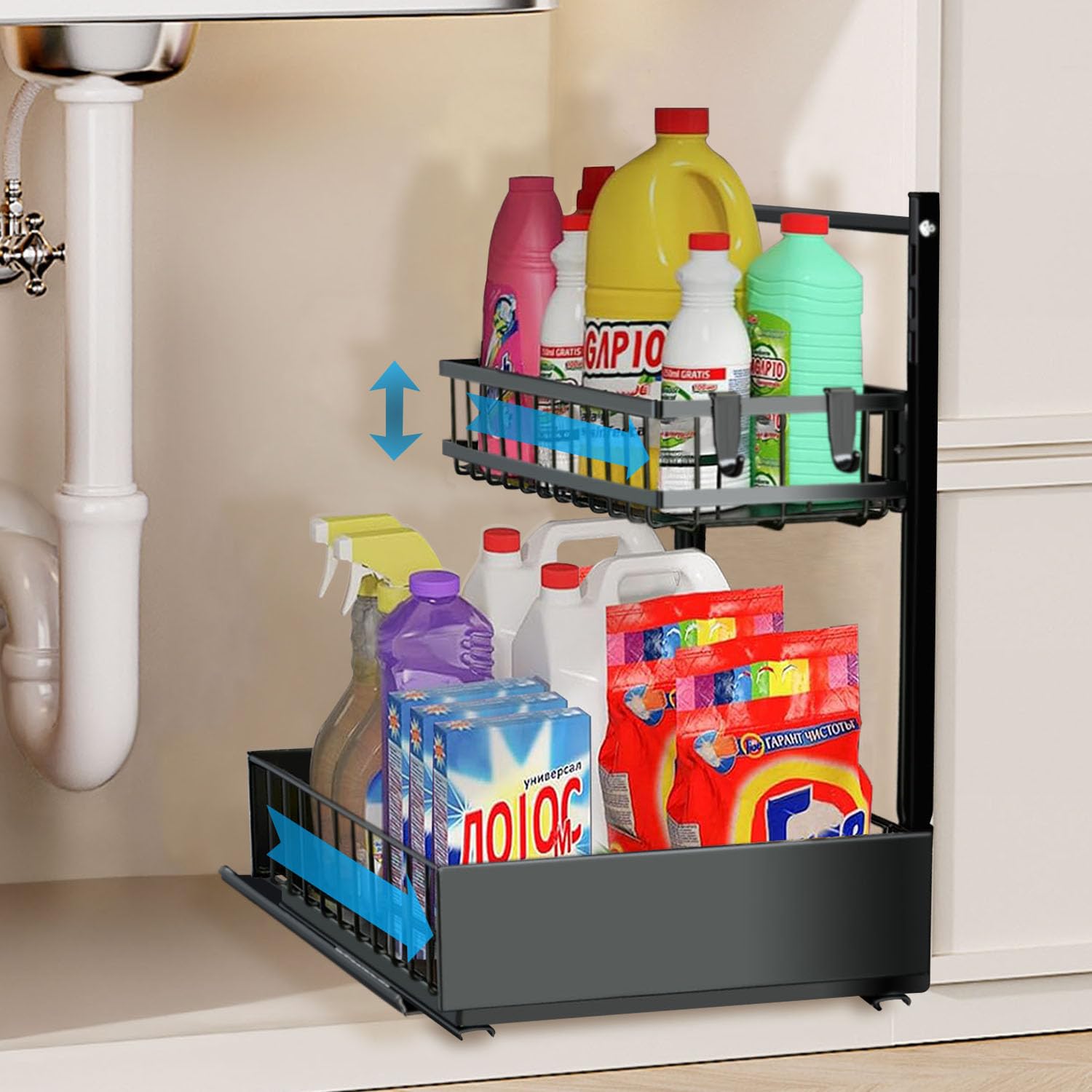 sagetta Black Under Sink Organizers with Sliding Rails Under Kitchen Sink Organizers and Storage Pull out Kitchen Cabinet Organizer Height Adjustable Cabinet Storage Shelves Two Tiers
