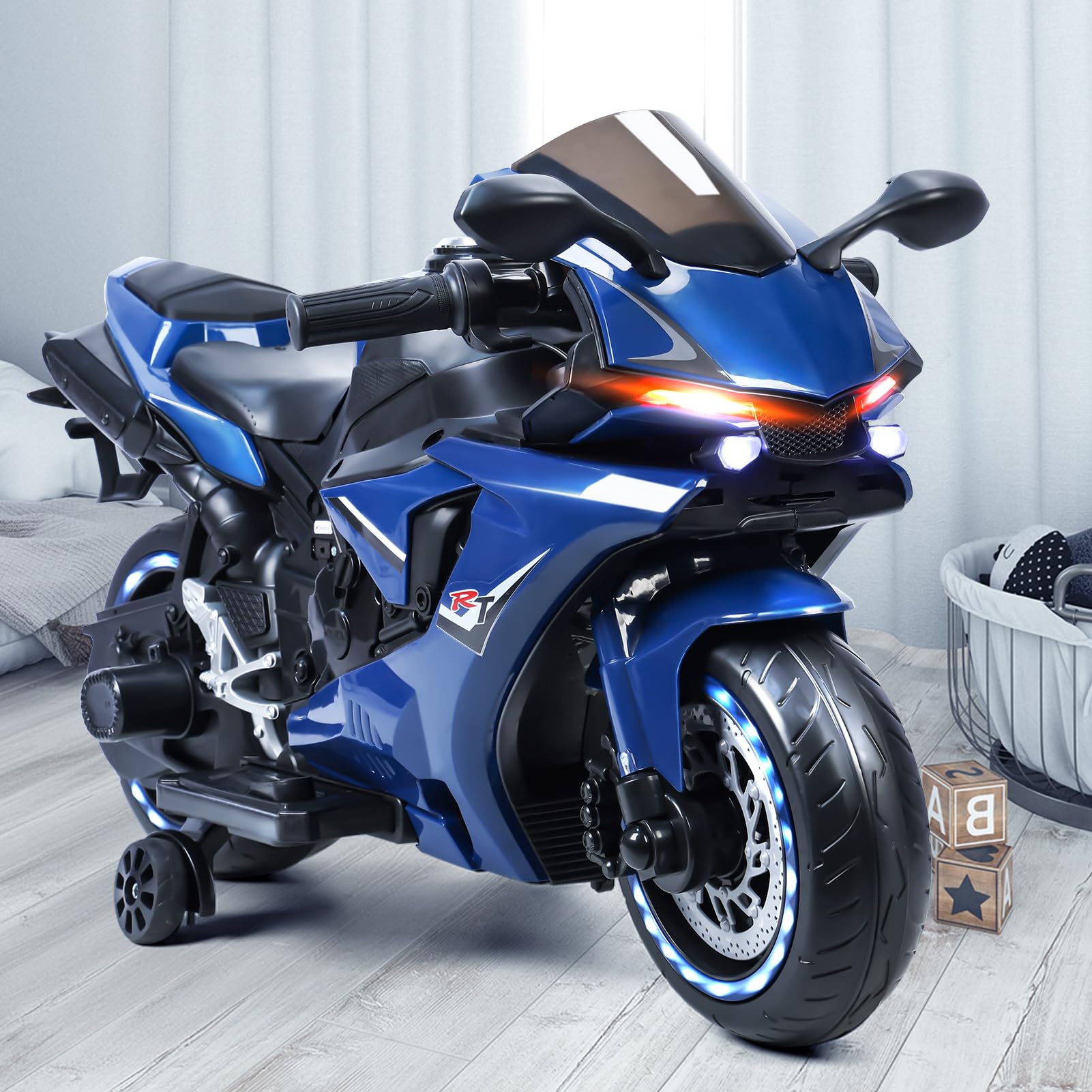 12V Electric Motorcycle for Kids,Kids Motorcycle with Training Wheels, Bikes for with LED Lights, Up to 9 MPH,Electric Bike for 3-8 Year Olds (Blue)