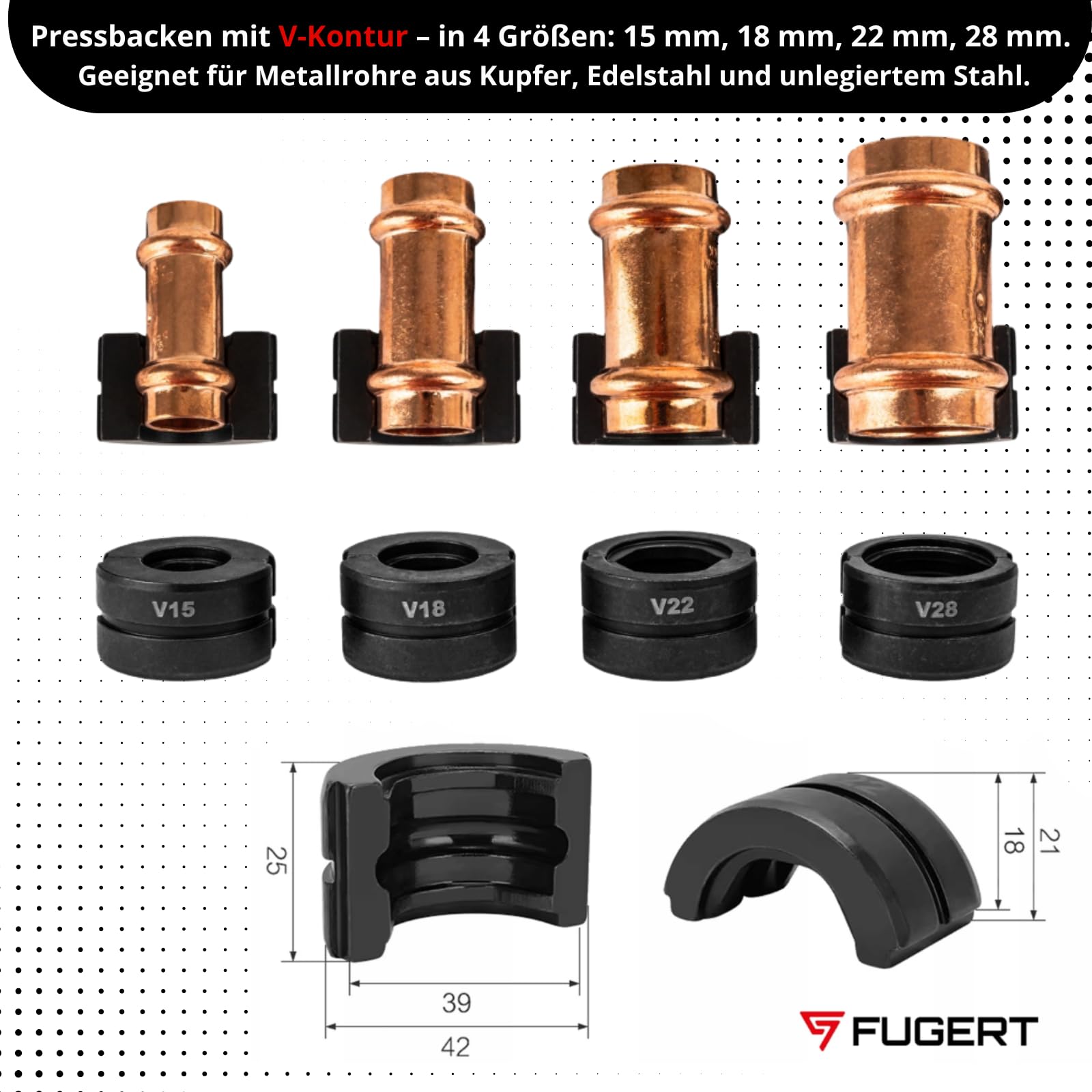 Presszange für Kupferrohr & Verbundrohr 3 Konturen V/TH/U 15–32mm - 12T Hydraulische Rohrpresszange - Edelstahlrohr - 360° Kopf - Koffer
