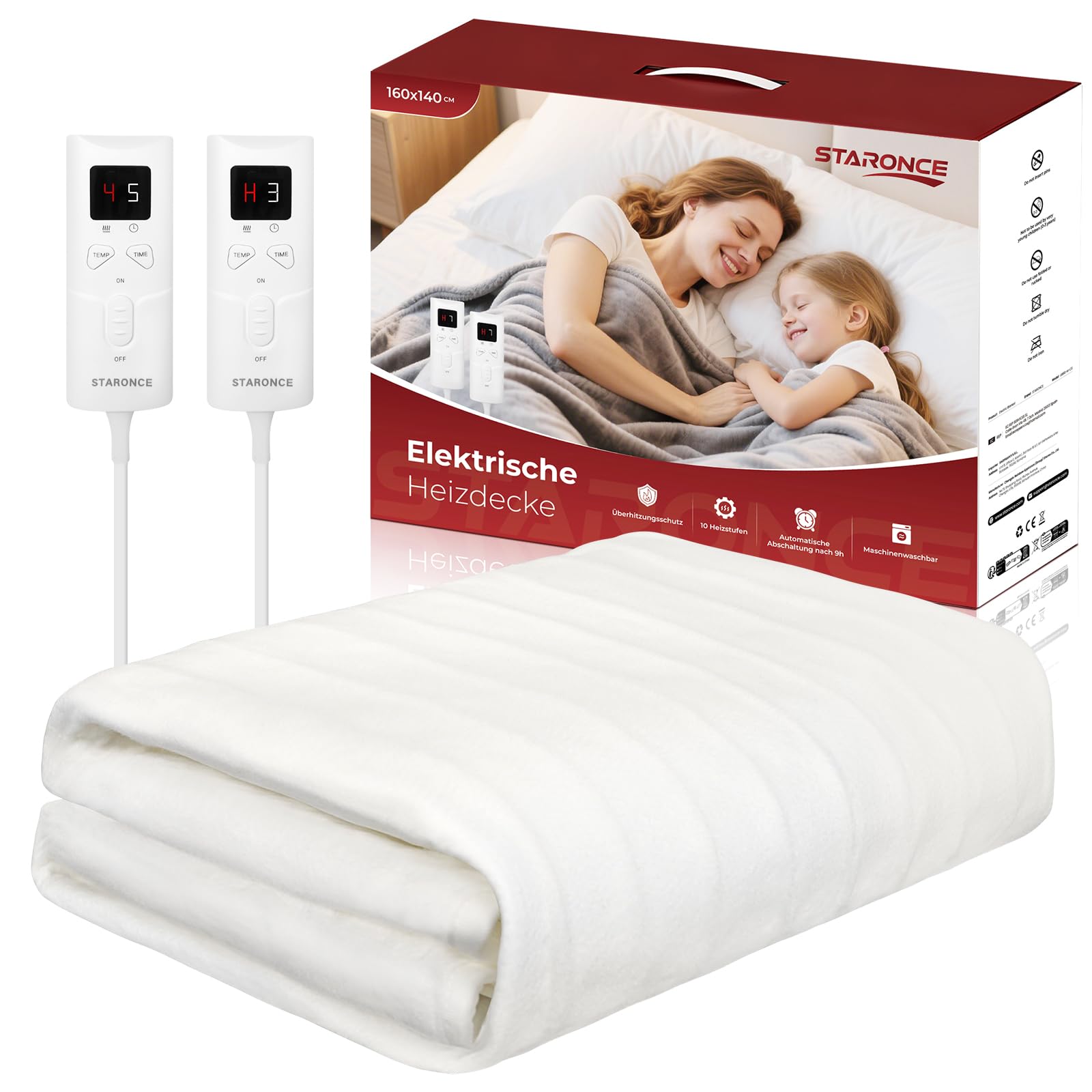 Heizdecke Elektrisch 160x140 cm für Doppelbett - Wärmedecke mit 10 Heizstufen, Abschaltautomatik, 2 Fernbedienungen & Überhitzungsschutz - Maschinenwaschbar