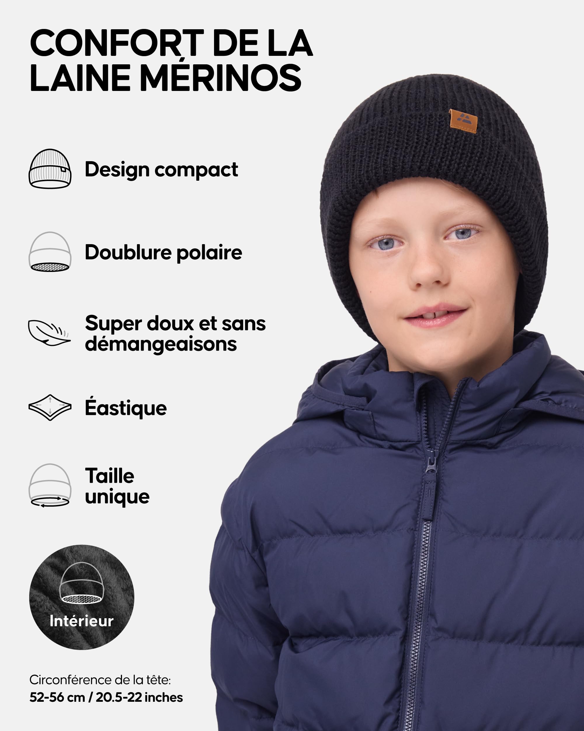 DANISH ENDURANCE Bonnet en Laine mérinos pour Enfants, Doublure Chaude en Polaire, Bonnet Thermique d'automne et d'hiver pour garçons et Filles, tricoté, Unisexe
