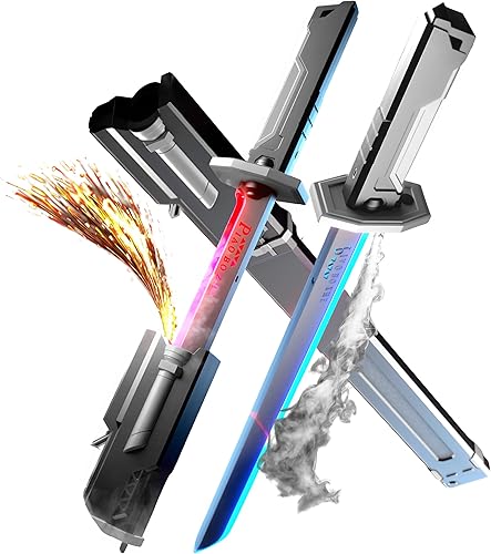 Espada de efecto chispa hoja LED de 31.5 pulgadas con nieblahumo, funda de expulsión automática, recarga tipo C, función de chispa de pedernal