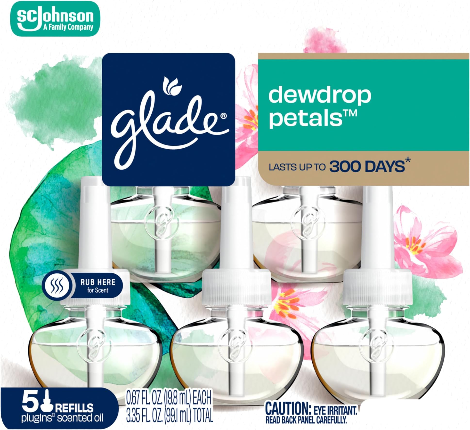 Glade PlugIns Refills Air Freshener, Dewdrop Petals, Scented and Essential Oils for Home and Bathroom, 0.67 Fl Oz, 5 Count