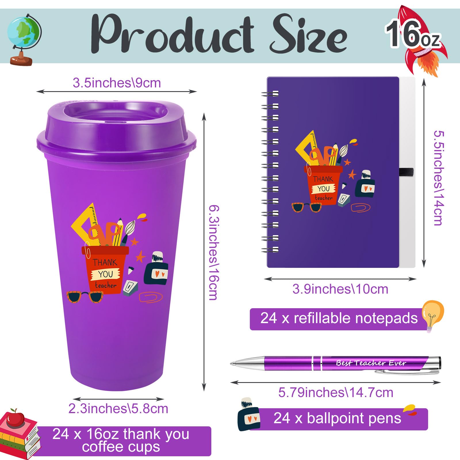 Teenyyou Juego de 72 piezas de regalo de agradecimiento para profesores, incluye tazas de café de plástico de 16 onzas con tapa, cuadernos motivacionales y bolígrafos para mujeres, profesoras