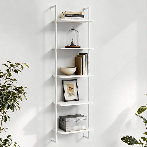 5 Tier Industrial Ladder Bookshelf 15.74" Dx9.44 Wx62.99 H, Wall