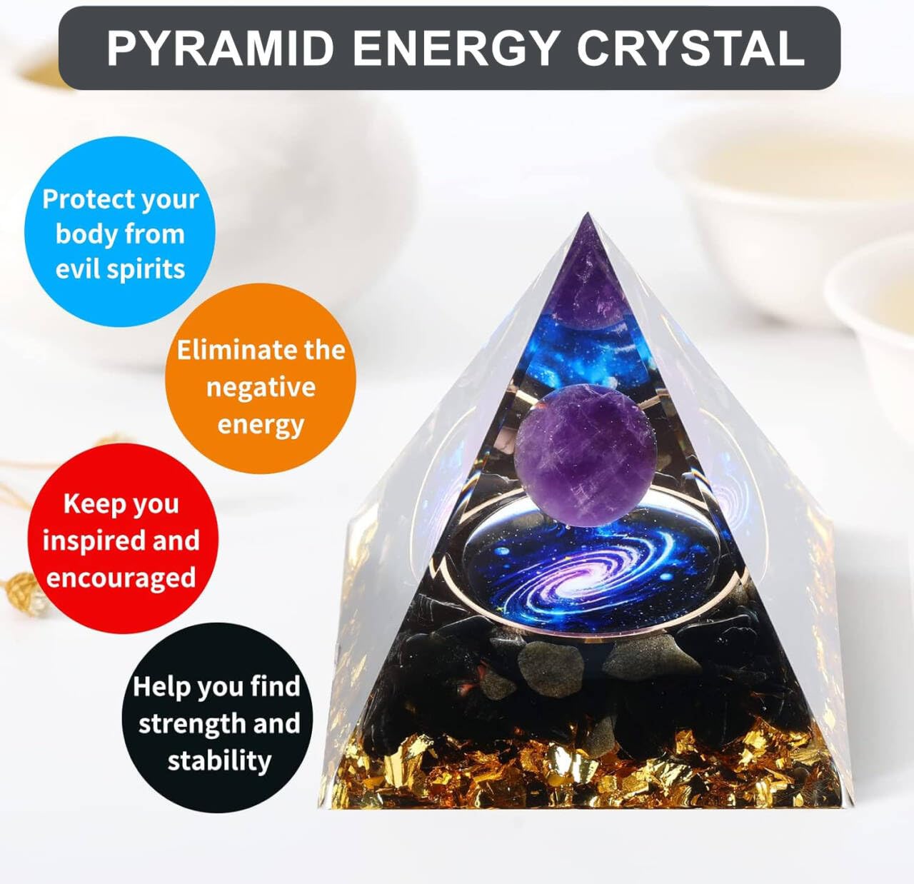Mokeum Pirámide de orgón para la energía Positiva, pirámide de la Esfera de Cristal de Amatista, generador de energía de Cristales de protección para Reducir el estrés meditación curativa