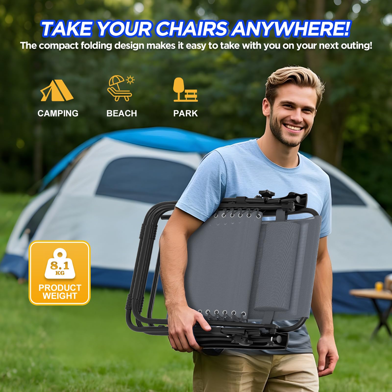 2er Set Klappbarer Liegestuhl, Gartenliege Extra Breit 64cm-Textilene-Relaxliege Verstellbar Rückenlehne mit Getränkehalter & Kissen, Faltbar Sonnenliege Tragbar für Camping Balkon, bis 120kg, Grey