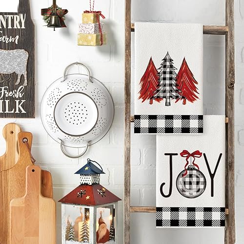 Miniatura 3 de Artoid Mode Juego de 2 toallas de cocina con diseño de árboles de Navidad de búfalo blanco y negro, 18 x 26 pulgadas, decoración de invierno de